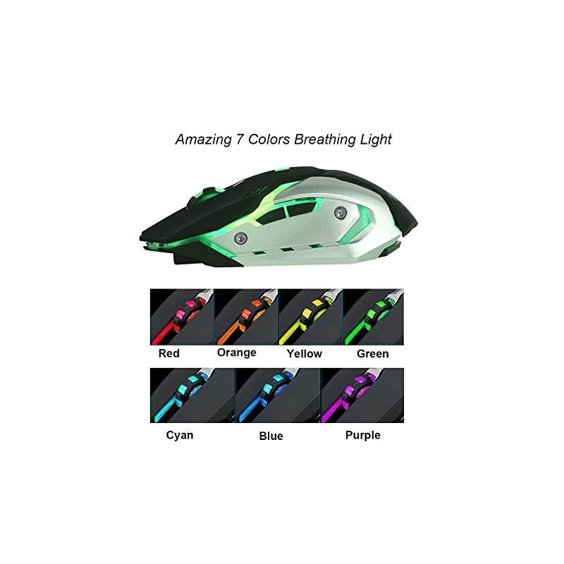 Wireless Rechargeable Gaming Mouse - USB Optical Mice with Silence Click, 3 Adjustable DPI, 6 Buttons, 7 Changing Breathing Backlight - GM07 Black