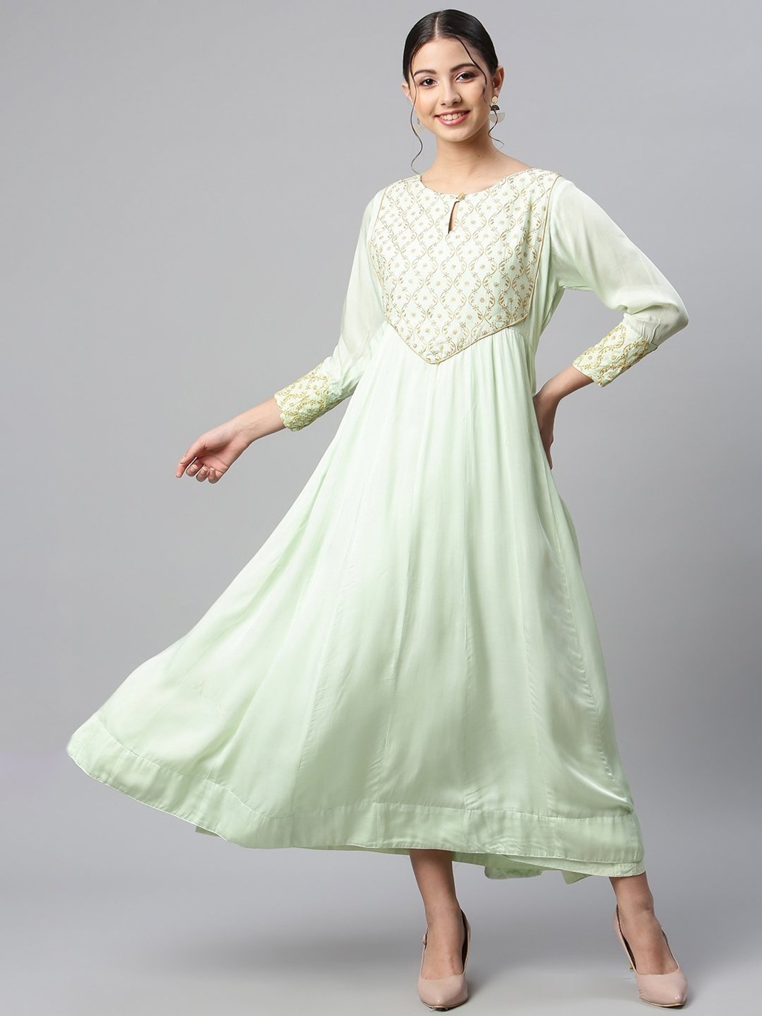SHADES Green Chikankari A Line Kurta