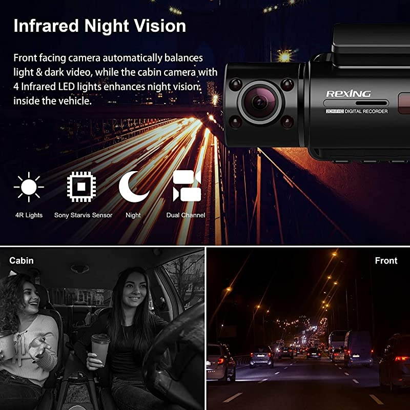 V3 Basic Dual Camera Front and Inside Cabin Infrared Night Vision Full HD 1080p WiFi Car Taxi Dash Cam with Supercapacitor, 2.7" LCD Screen (V3 Basic - Without GPS)