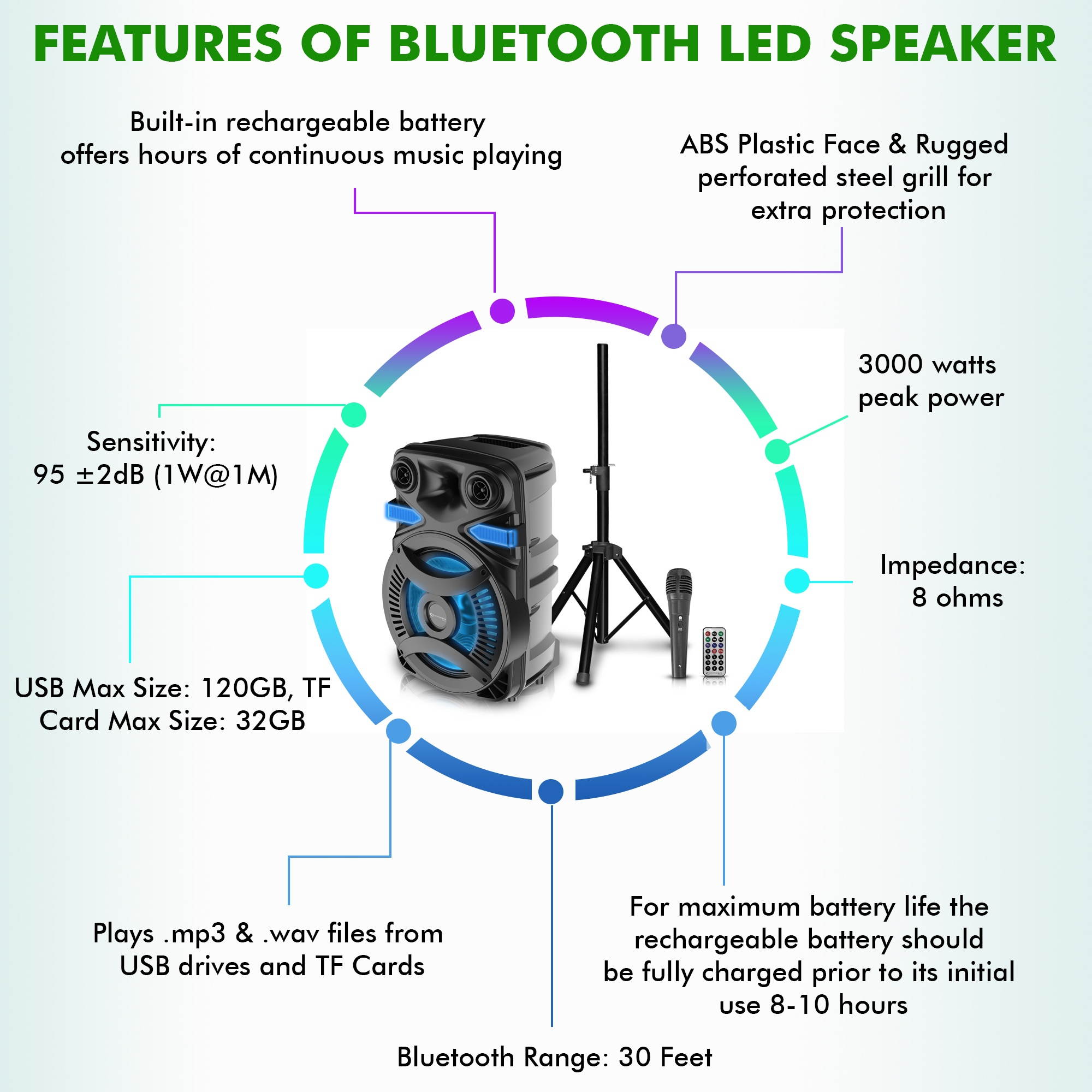 Technical Pro Rechargeable 15 Inch Bluetooth LED Speaker Package with Tripod & Microphone, Bluetooth LED Lights, LED Woofer, Telescoping Handle, SD/ USB Inputs, Tripod Included, TWS Stereo Sound