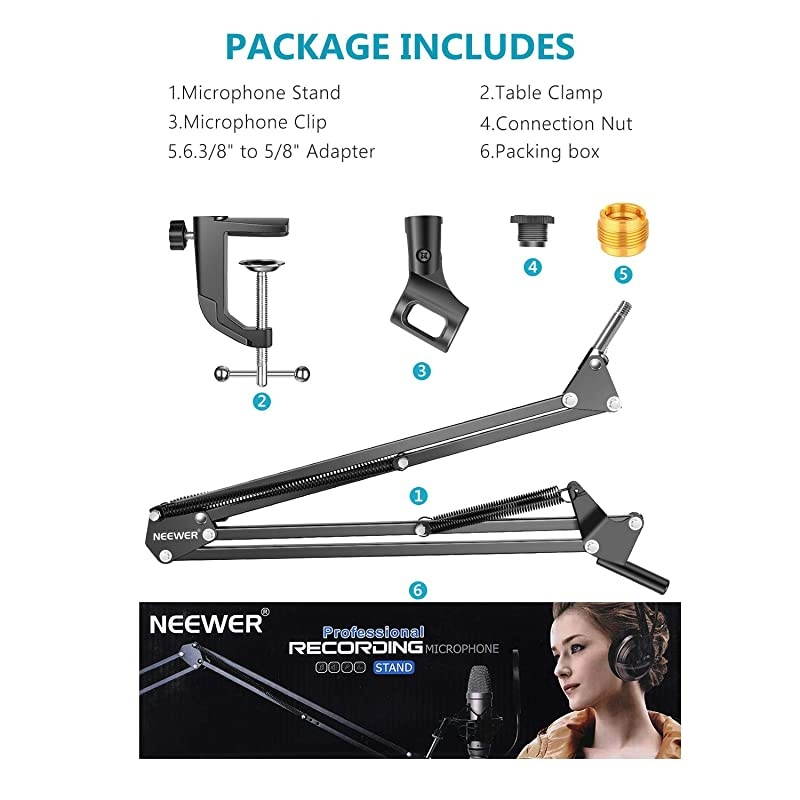 Adjustable Microphone Suspension Boom Scissor Arm Stand Max Load 1 KG Compact Mic Stand Made of Durable Steel for Radio Broadcasting Studio VoiceOver Sound Studio Stages and TV Stations