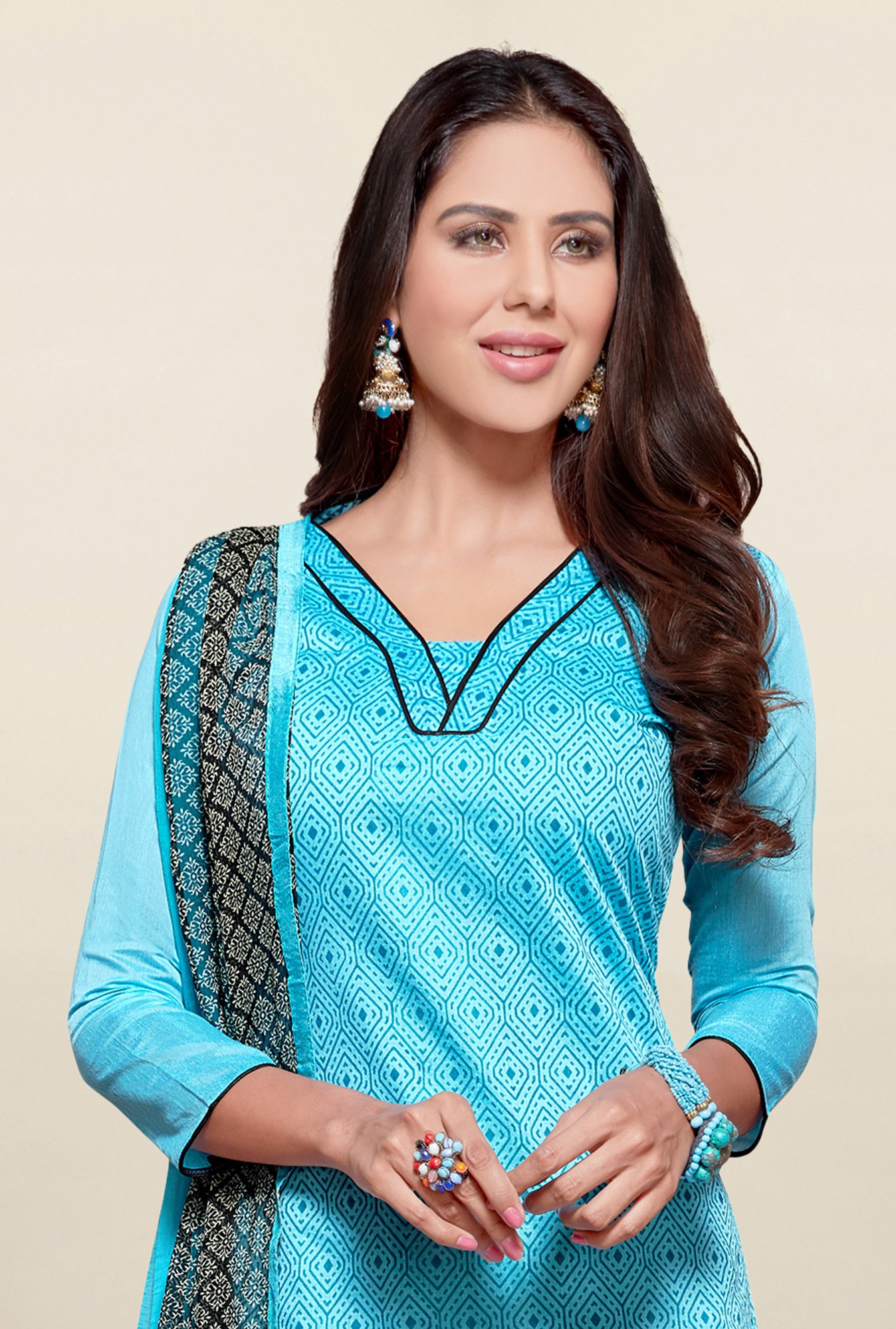 Saree Mall Sky Blue & Black Printed Cotton Dress Material