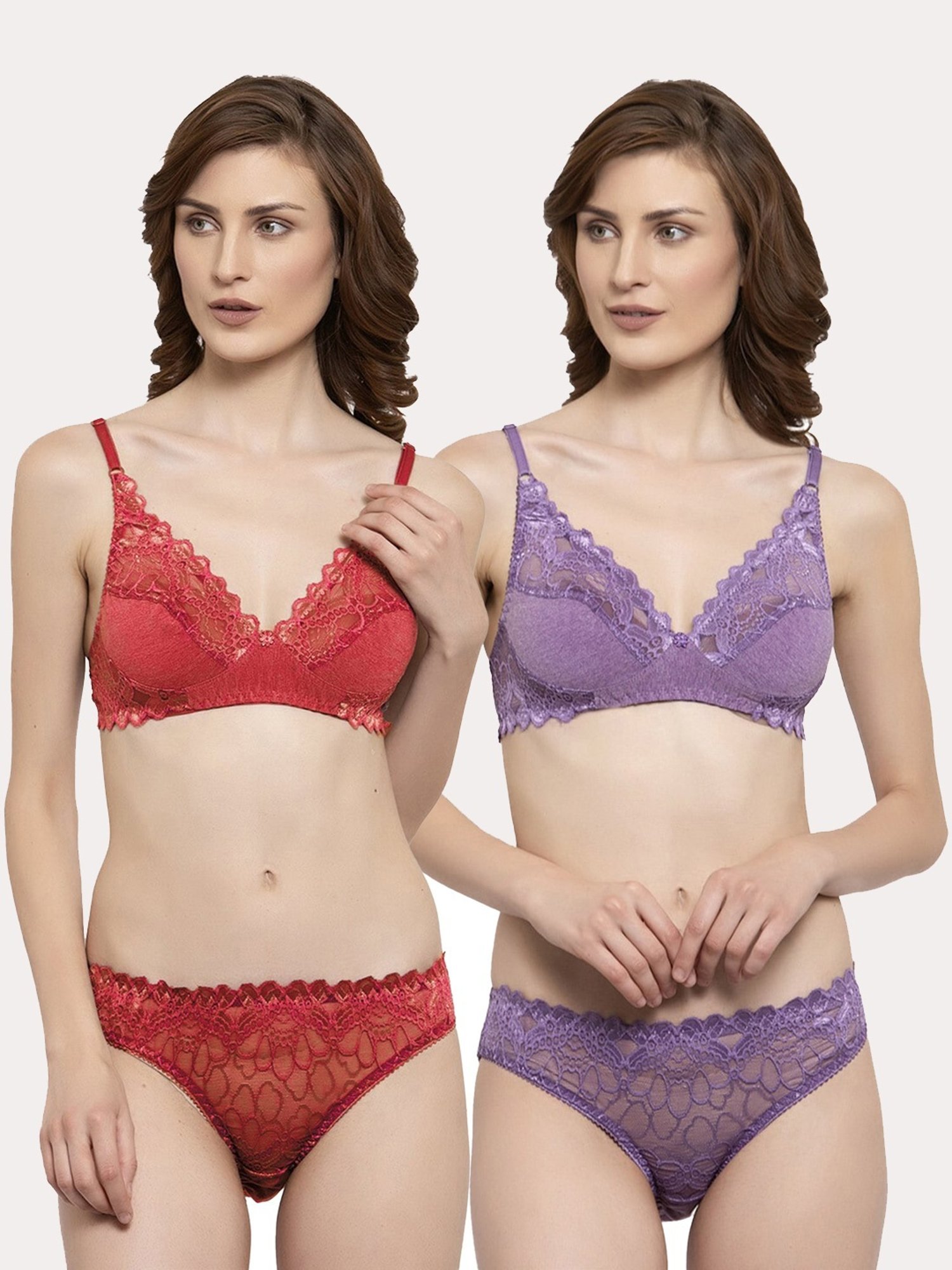 AROUSY Purple & Red Self Pattern Bra Panty Set - Pack Of 2