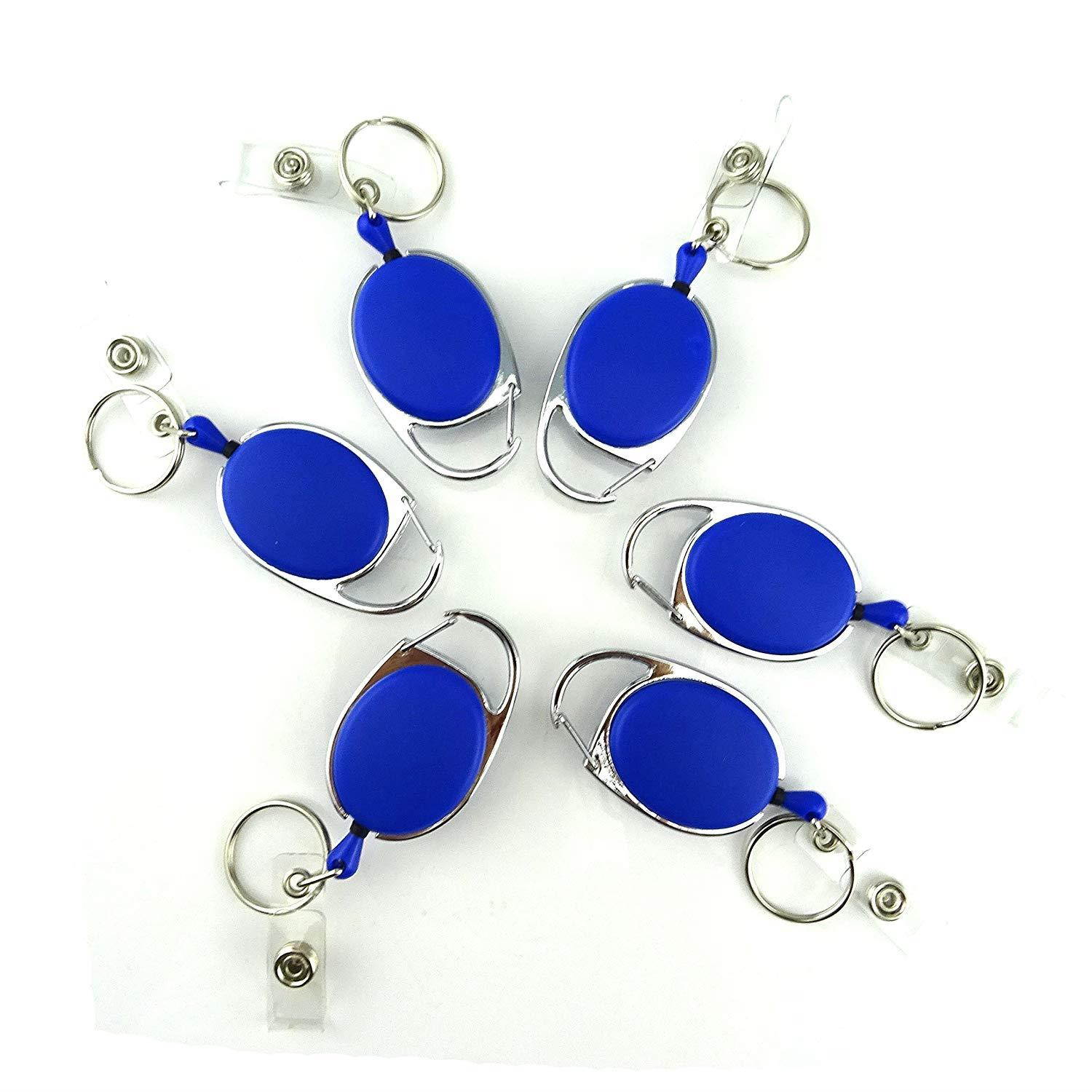 Honbay 6 Pieces of Premium Retractable Carabiner Badge Holder Reels with Key Ring and Badge Strap, Clip On Retractable ID Card Keychain - With Back Splint (Blue)