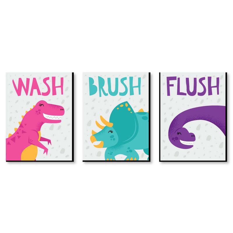 Big Dot of Happiness Roar Dinosaur Girl - Kids Bathroom Rules Wall Art - 7.5 x 10 inches - Set of 3 Signs - Wash, Brush, Flush
