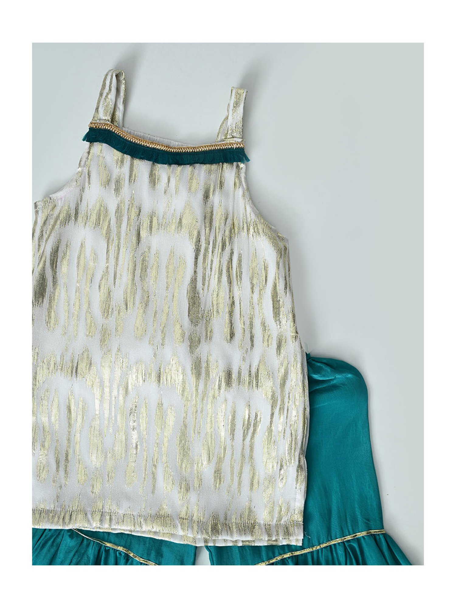 Bella Moda Girls Green & White Printed Kurti with Sharara