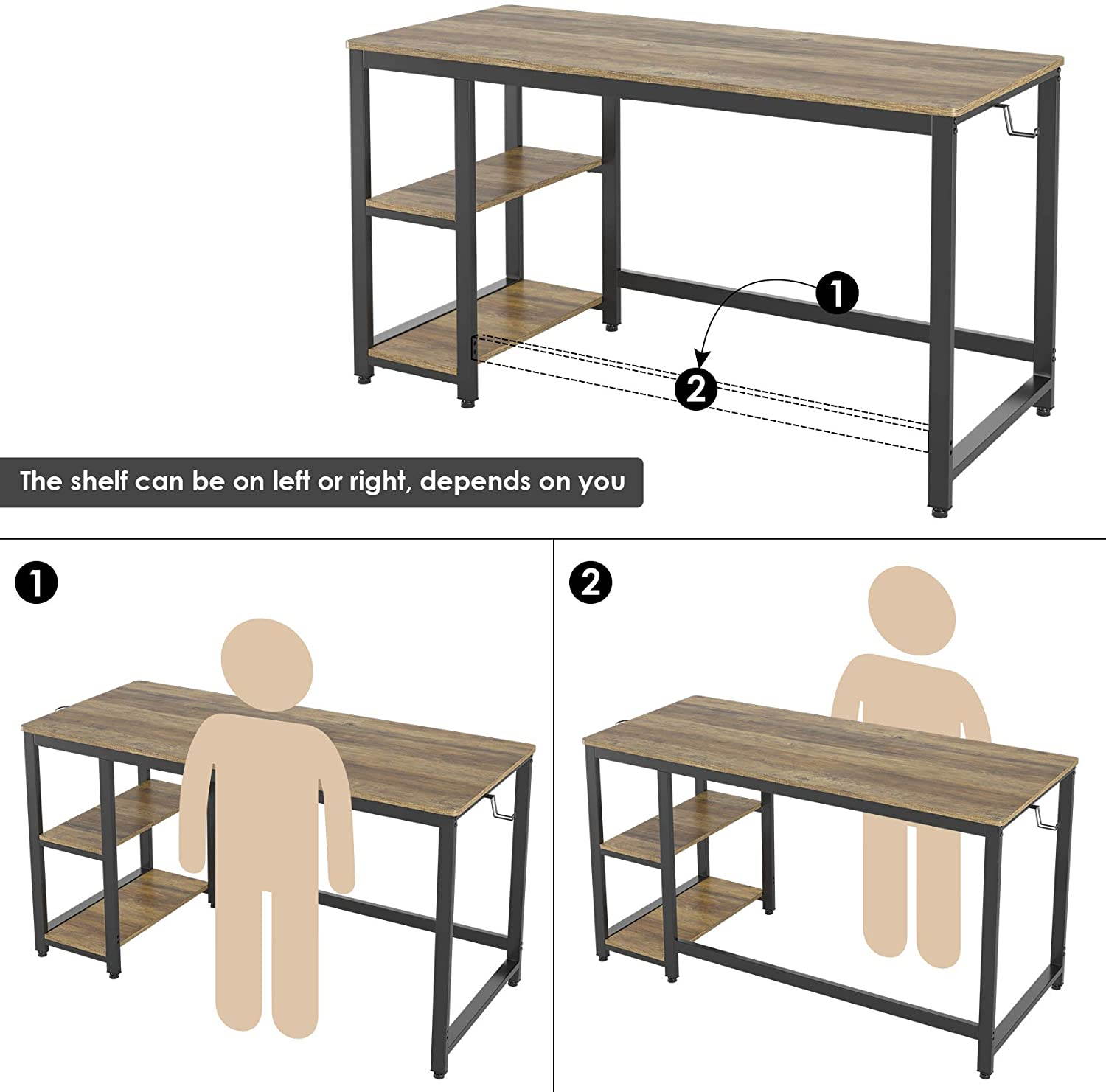 55" Industrial Computer Desk for Home Office, Wood Study Writing Desk with 2 Shelves, Large PC Desk Workstation Gaming Table with Sturdy Metal Frame, Rustic Brown