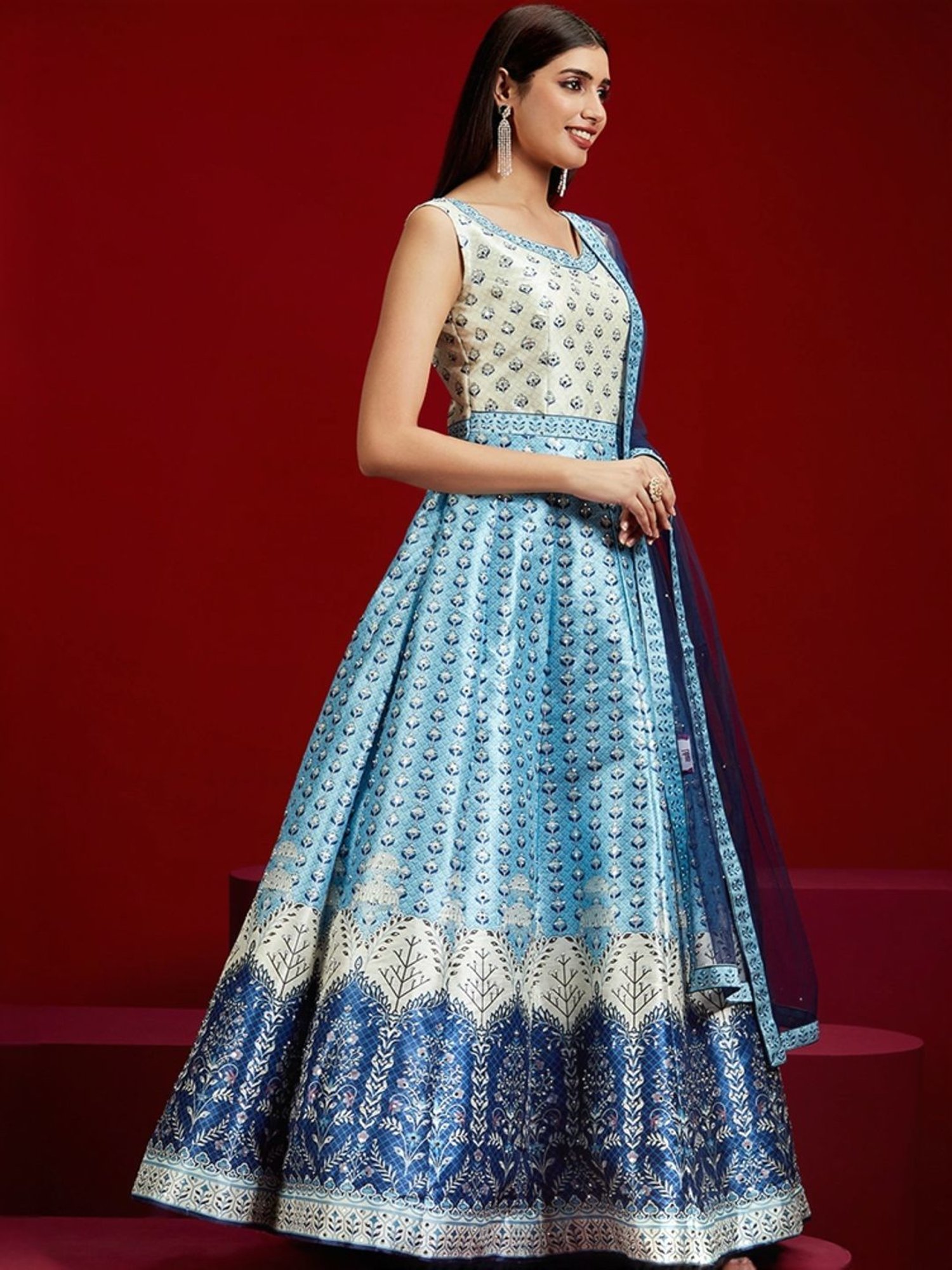 Libas Art Blue & White Printed Maxi Dress With Dupatta