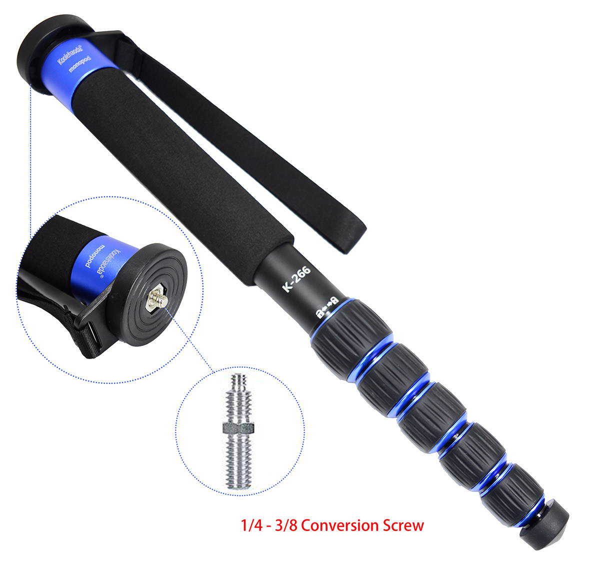 Koolehaoda Lightweight Portable 63-inches Camera Aluminium Monopod with Folding Three Feet Support Stand. 6-Section Leg, Leg max Diameter: F28MM, Folding Length: 42cm /16.5inch(K-266 Blue)