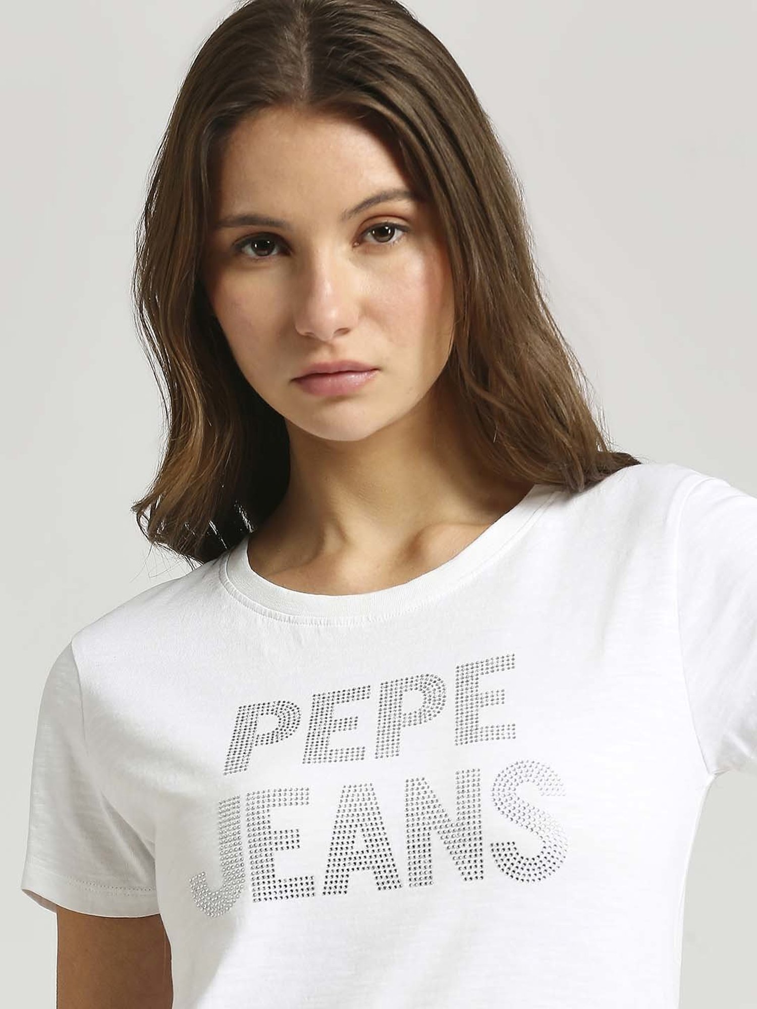 Pepe Jeans White Cotton Embellished T-Shirt