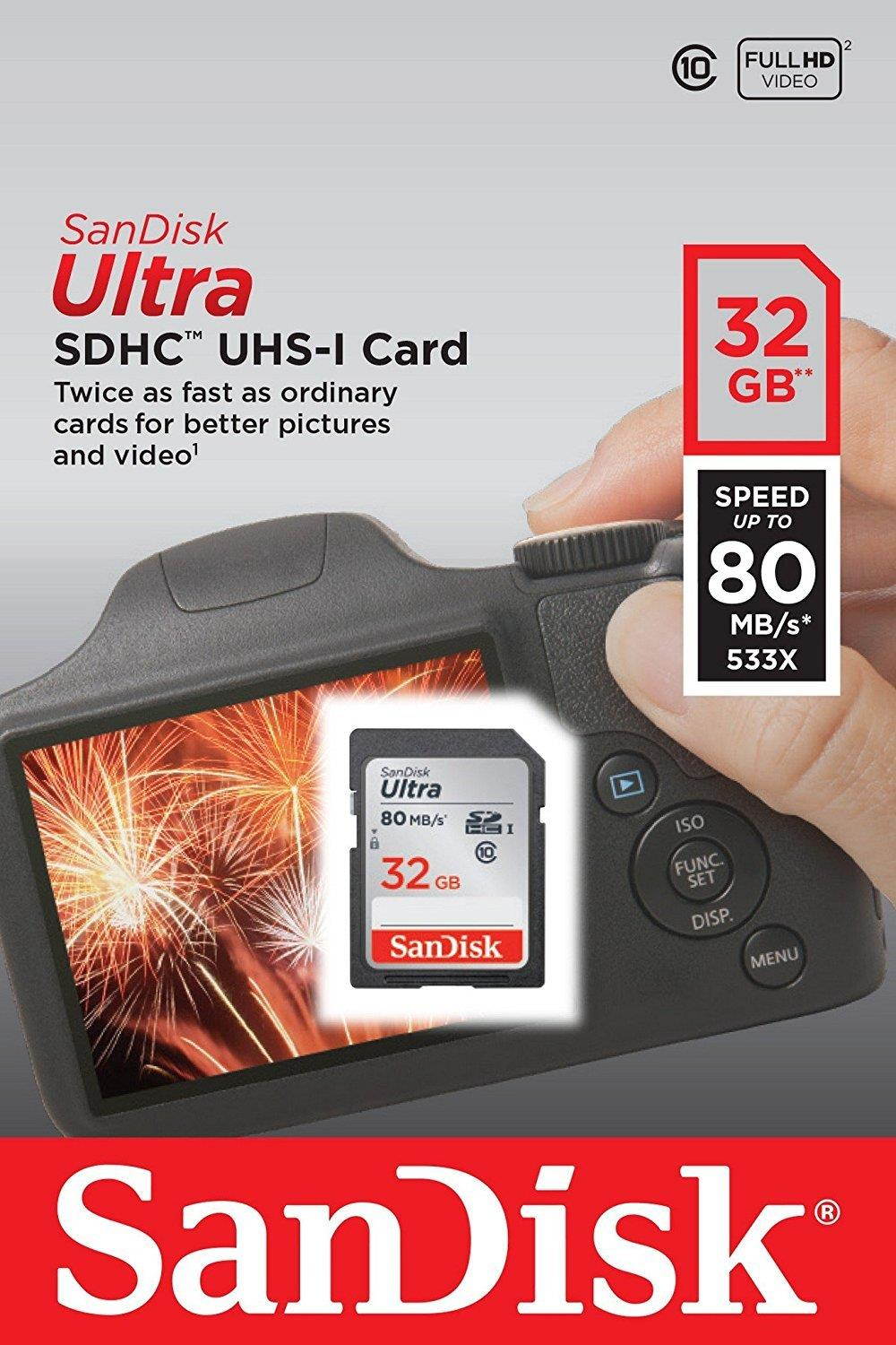 SanDisk Ultra SD Memory Card works with Nikon Coolpix L340, B500, A10, L32, S7000, A300, P900, Camera UHS-I Class 10 Up to 80MB with Everything But Stromboli Memory Card Reader (32 GB)