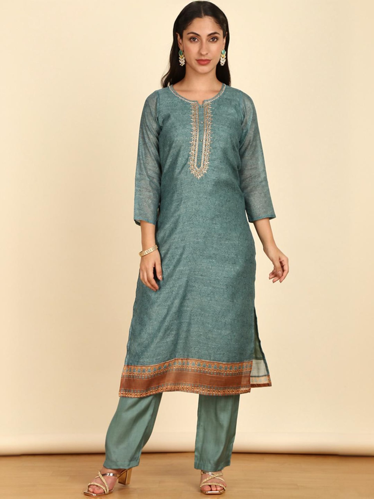 Soch Womens Turquoise Blue Floral Print Chanderi Unstitch Dress Material With Cutdana