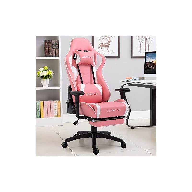 Gaming Chair Racing Office Chair High Back Computer Desk Chair PU Leather Chair Ergonomic and Executive Swivel Chair with Footrest Headrest and Lumbar Massage Support (AL-6019-PINK)