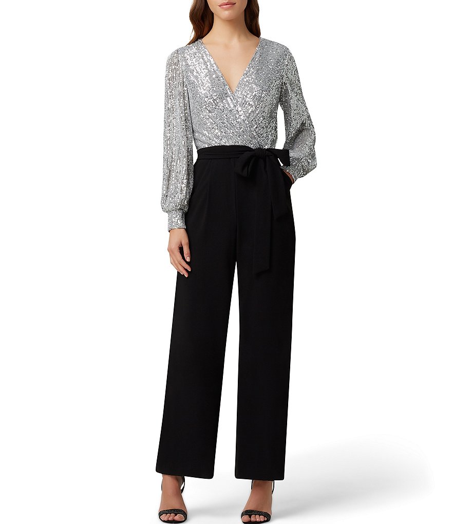Tahari ASL Sequin Long Sleeve Crepe Jumpsuit
