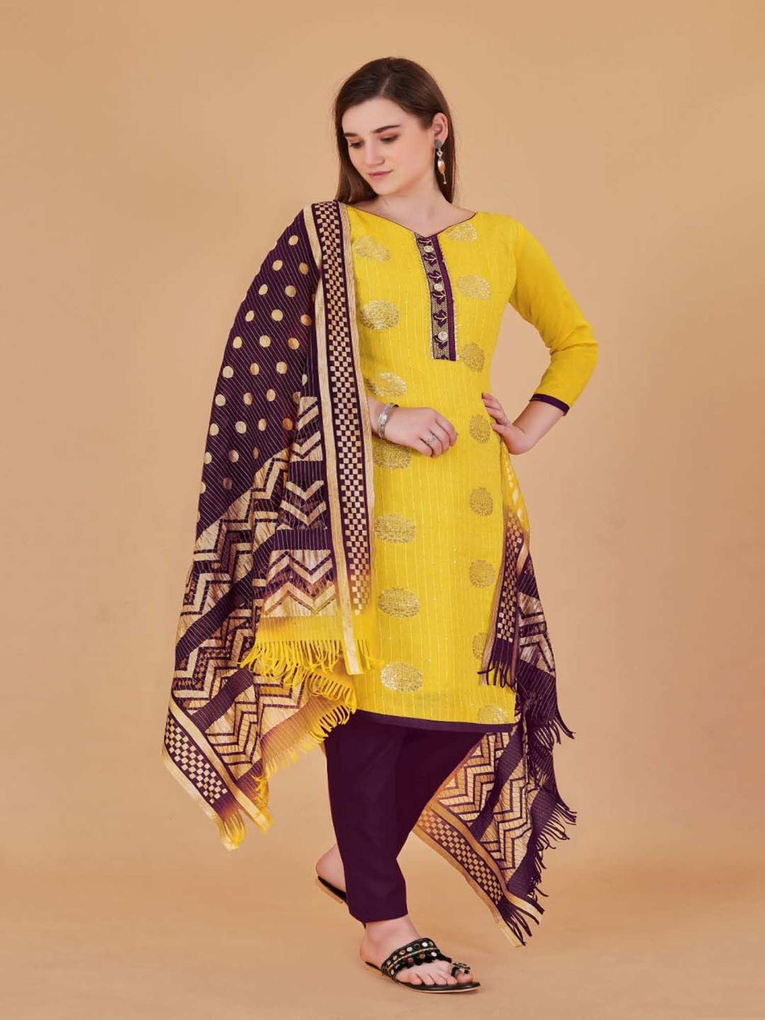 APNISHA Yellow & Purple Cotton Embellished Unstitched Dress Material