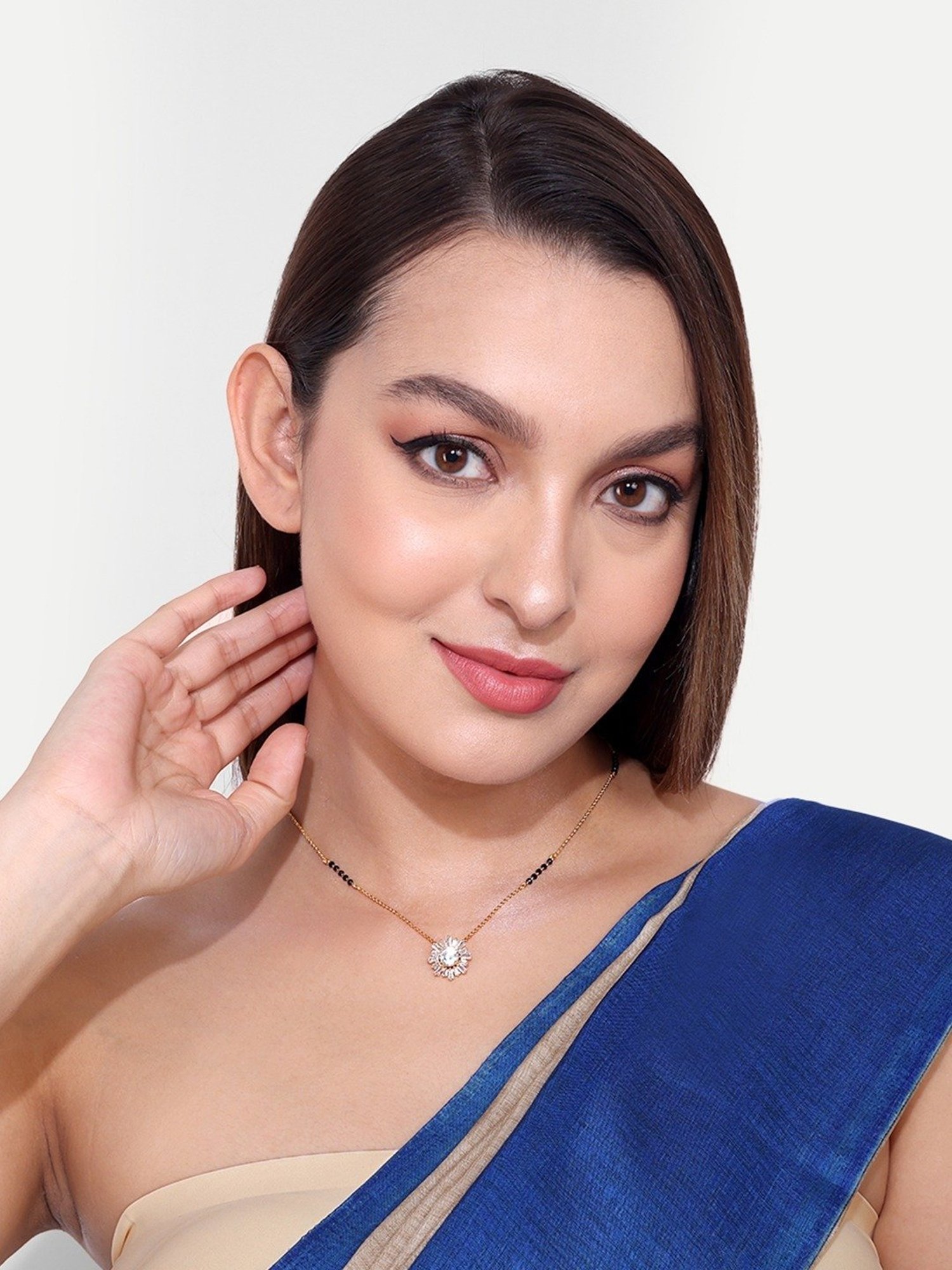 Abdesigns Gold-Plated Black Beaded American Diamond Mangalsutra