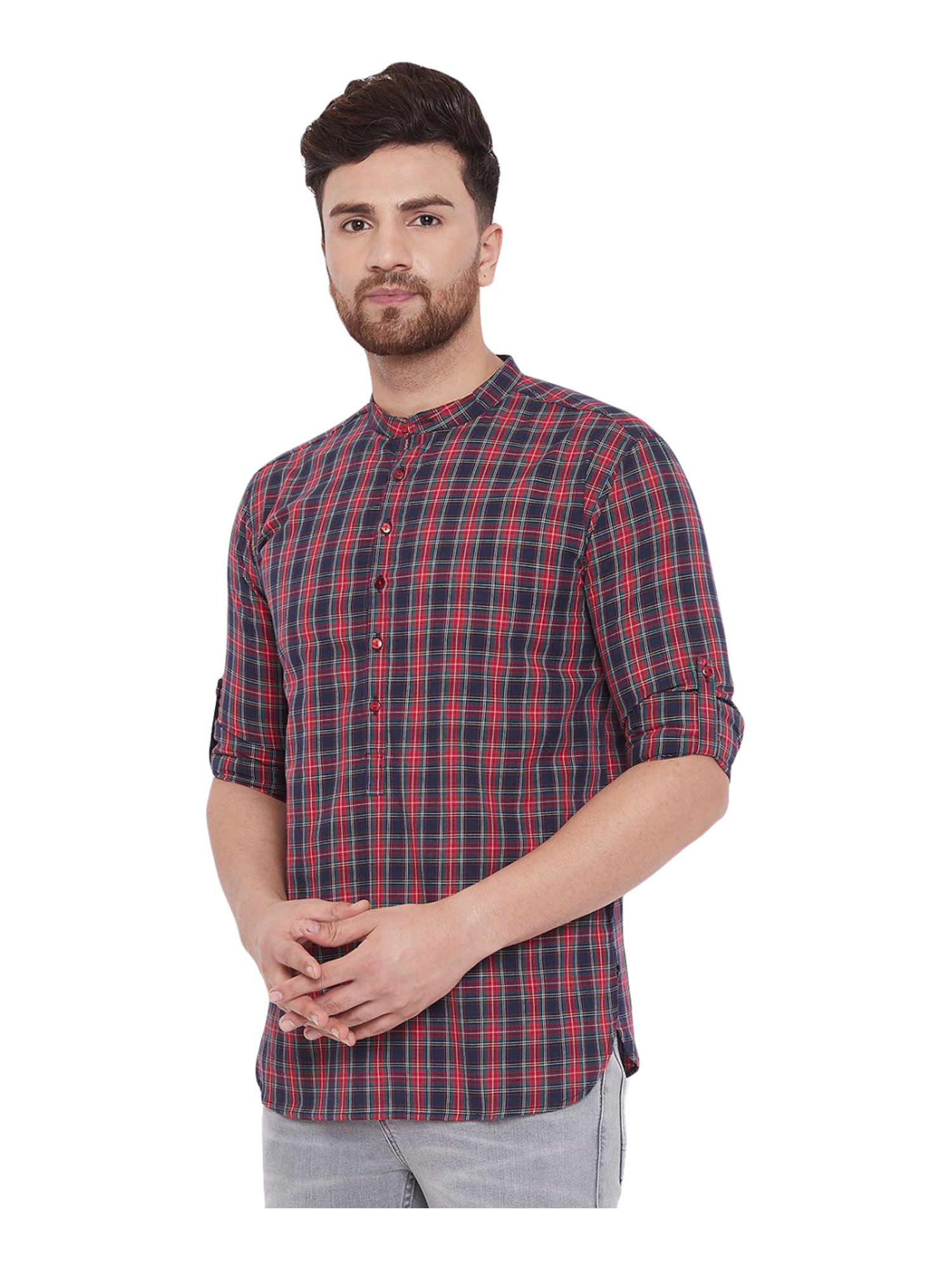 Even Red & Navy Cotton Regular Fit Checks Short Kurta