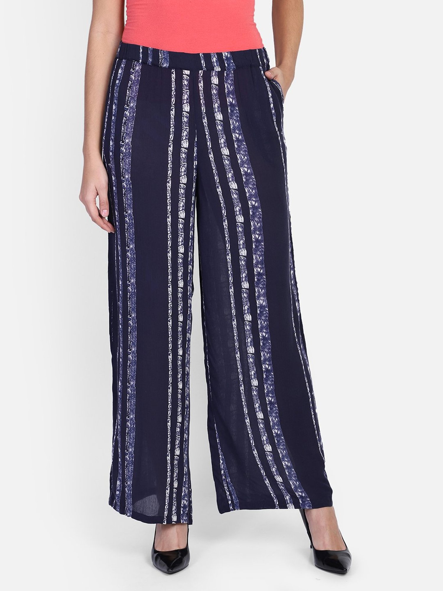 Aditi Wasan Blue Striped Regular Fit Mid Rise Palazzos
