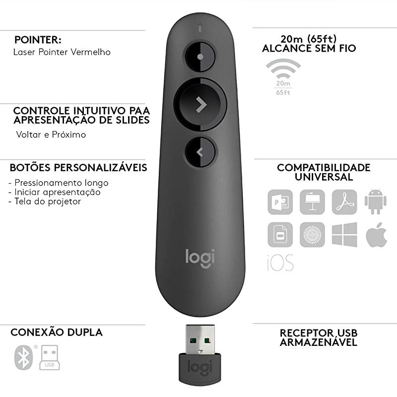 R500 Laser Presentation Remote Clicker with Dual Connectivity Bluetooth or USB for Powerpoint Keynote Google Slides Wireless Presenter Black