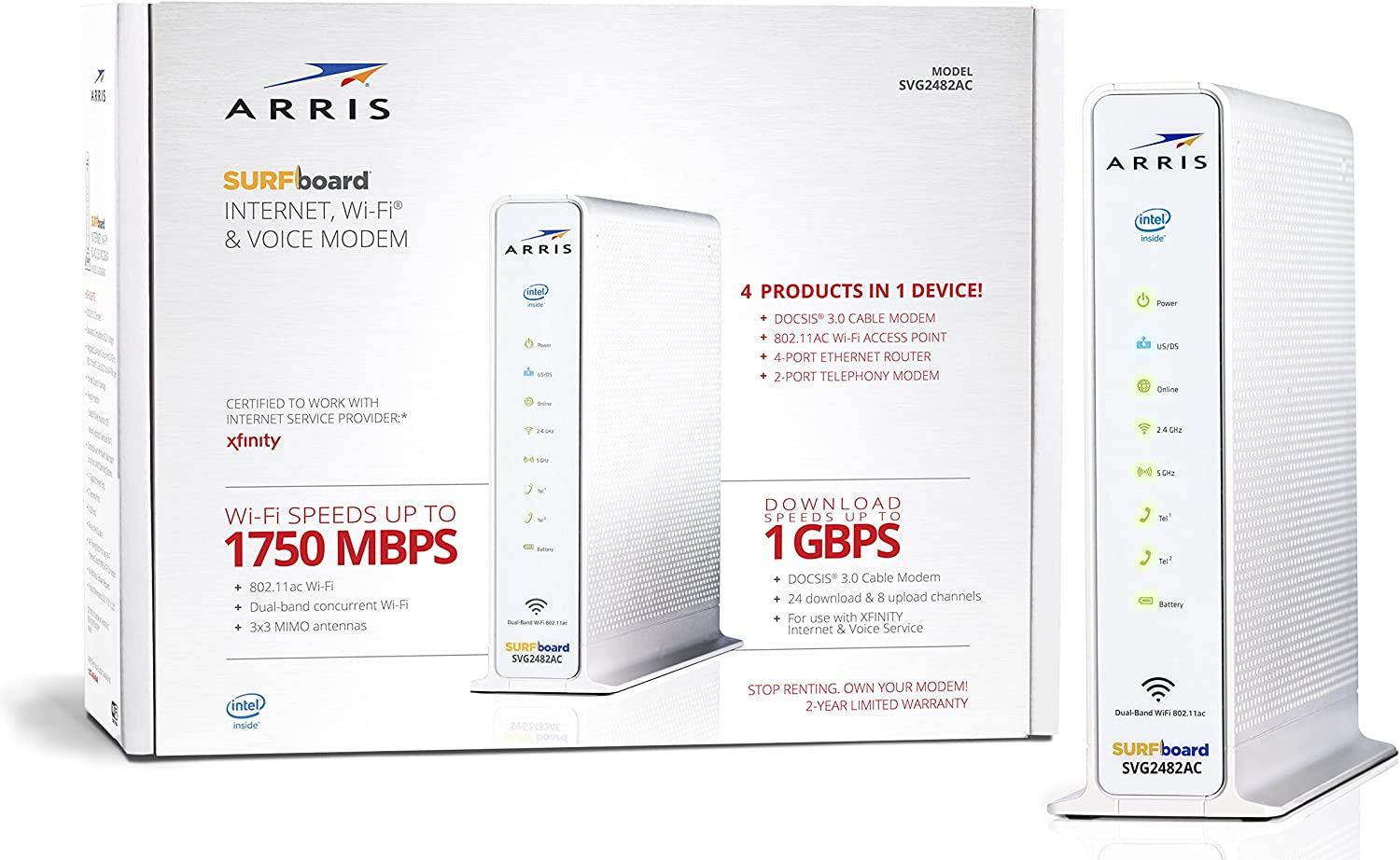 ARRIS Surfboard (24x8) Docsis 30 Cable Modem Plus AC1750 Dual Band Wi-Fi Router and Xfinity Telephone