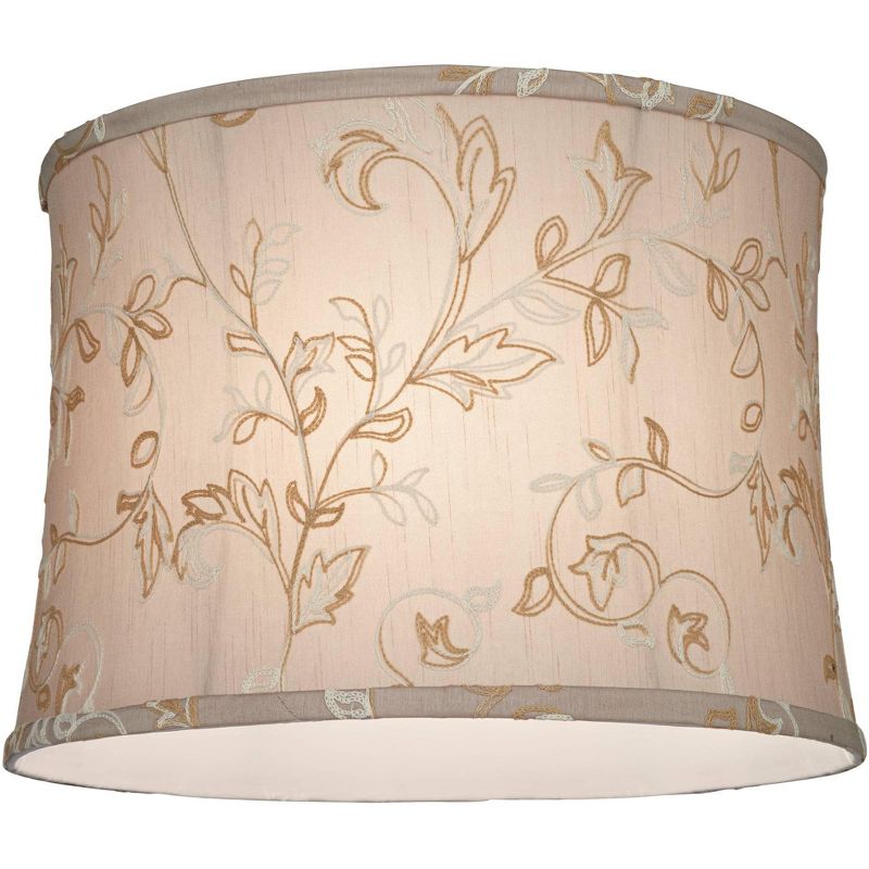 Springcrest Khaki Floral Linen Medium Drum Lamp Shade 14" Top x 15" Bottom x 11" High (Spider) Replacement with Harp and Finial