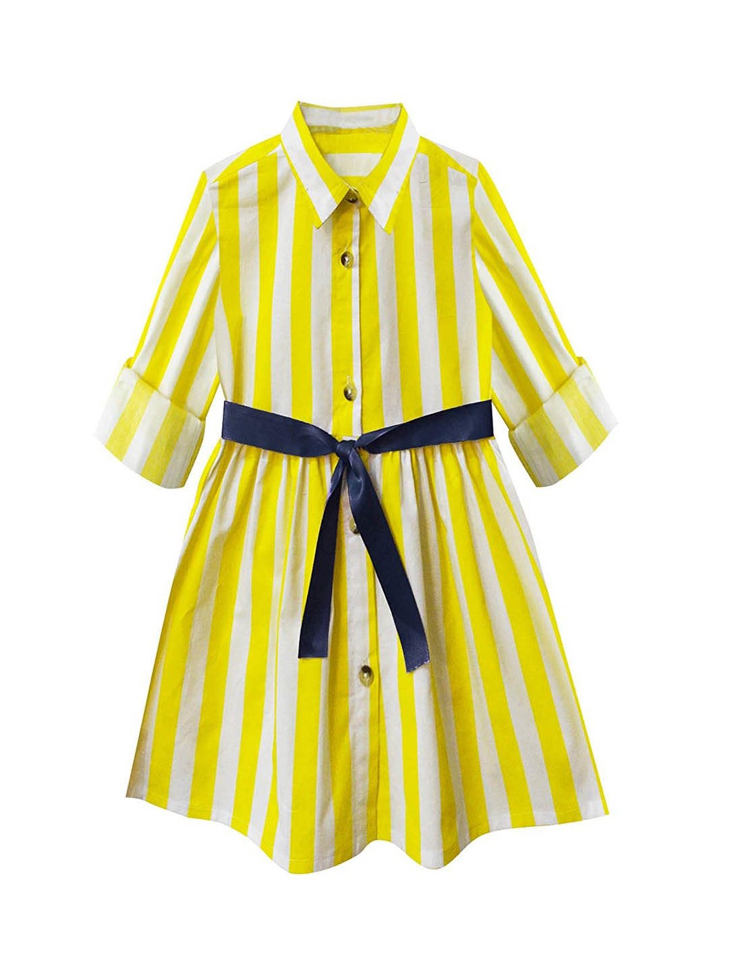 A.T.U.N. Yellow & White Striped Full Sleeves Shirt Dress