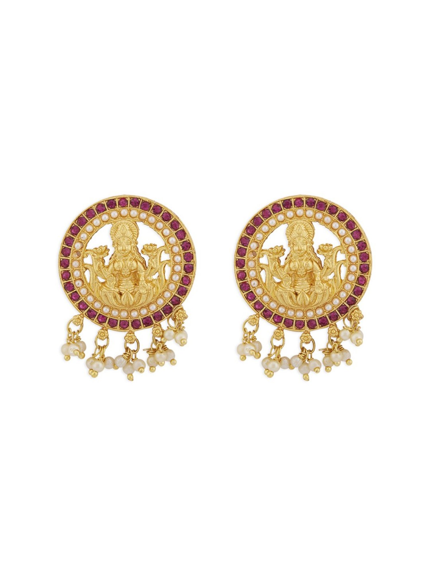 Zaveri Pearls Pinks Stones Goddess Laxmi Temple Necklace, Earring & Ring Set