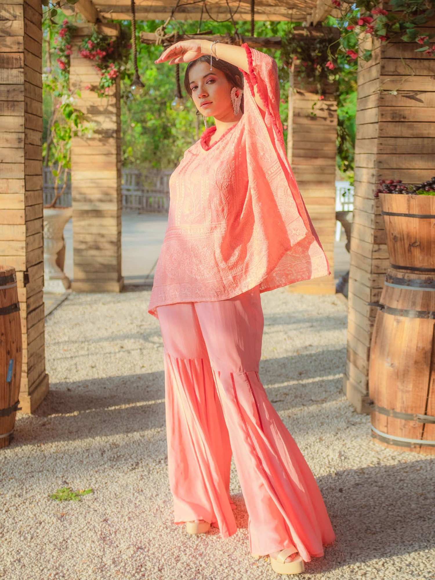 Monk and Mei Suraiya Chikankari Kaftan & Sharara- Peachy Melon