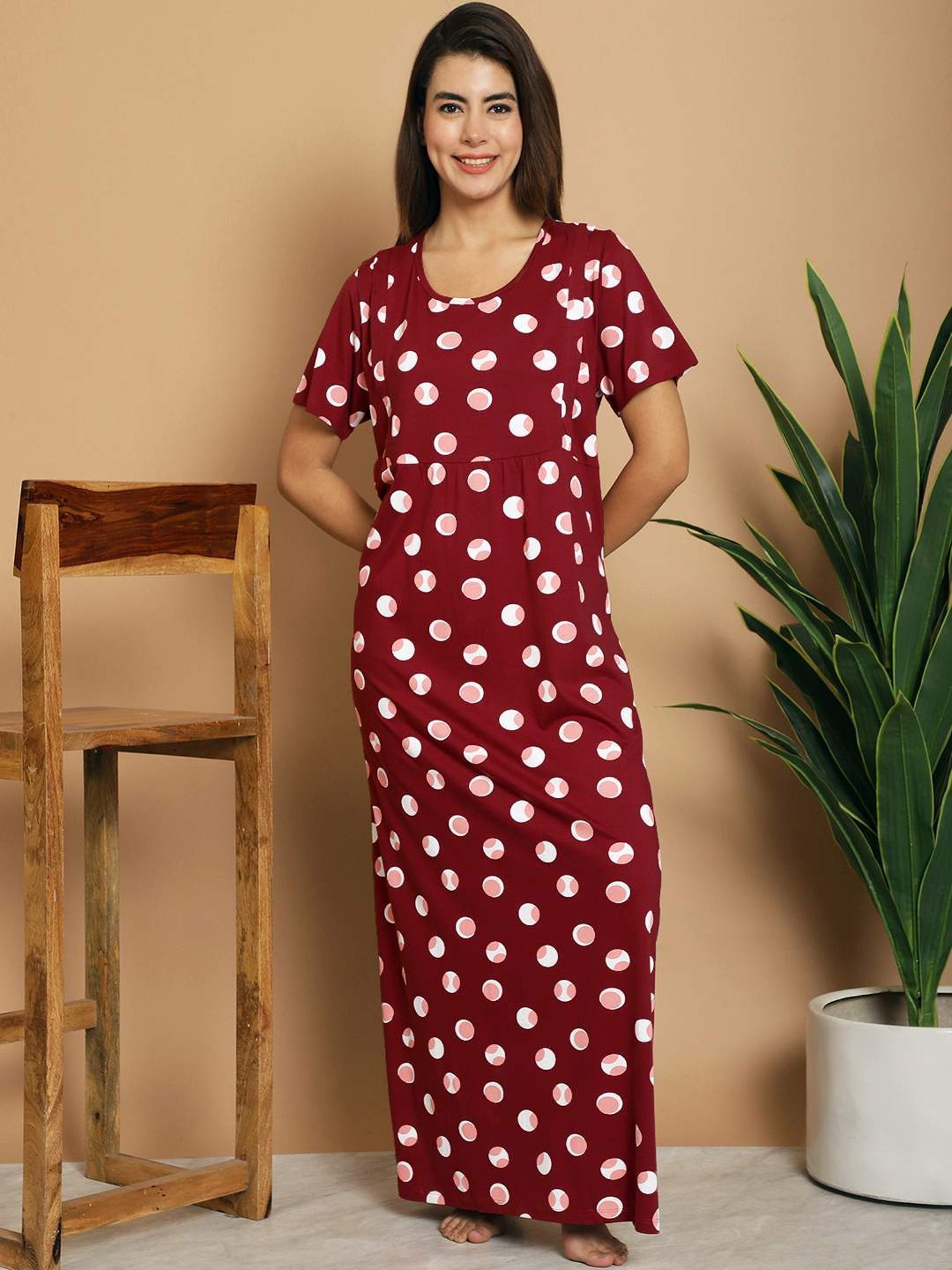 Kanvin Red Cotton Printed Nighty