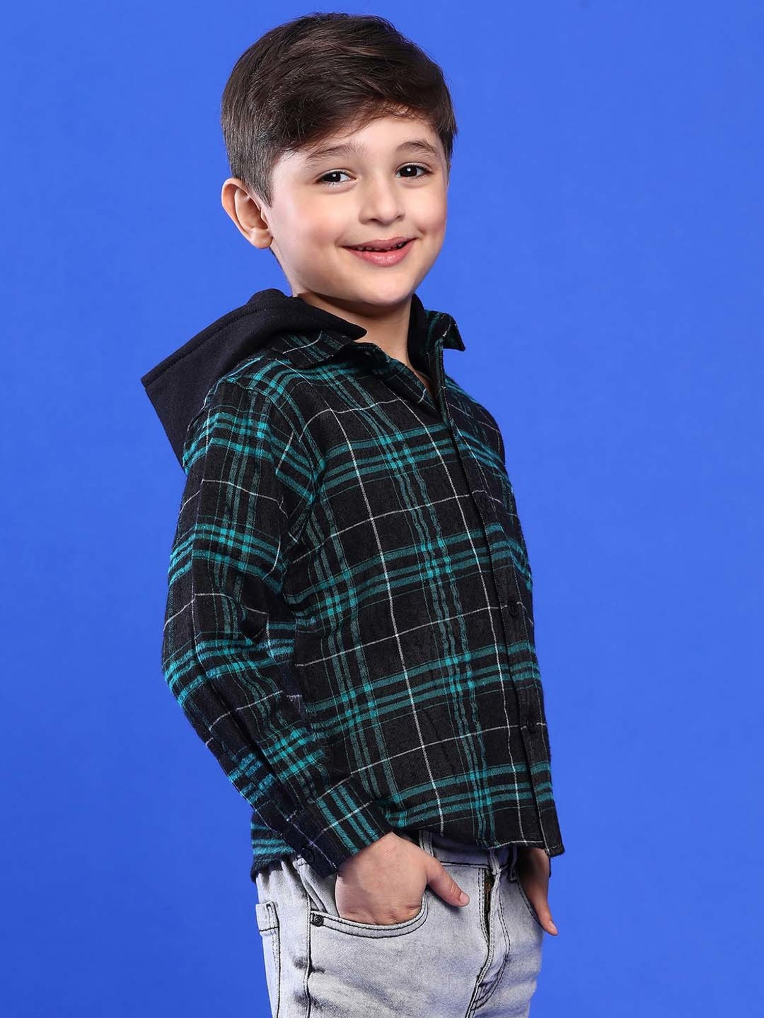 Tales & Stories Kids Grey & Green Chequered Full Sleeves Shirt