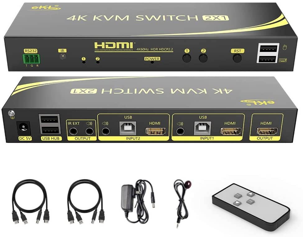 eKL HDMI USB 2.0 KVM Switch 2 in 1 Out 4K@60Hz 4:4:4 Supports Hotkeys swap 2 Computers Sharing a Set of Keyboard/Mouse/Printer Audio Output Comes with Remote Control