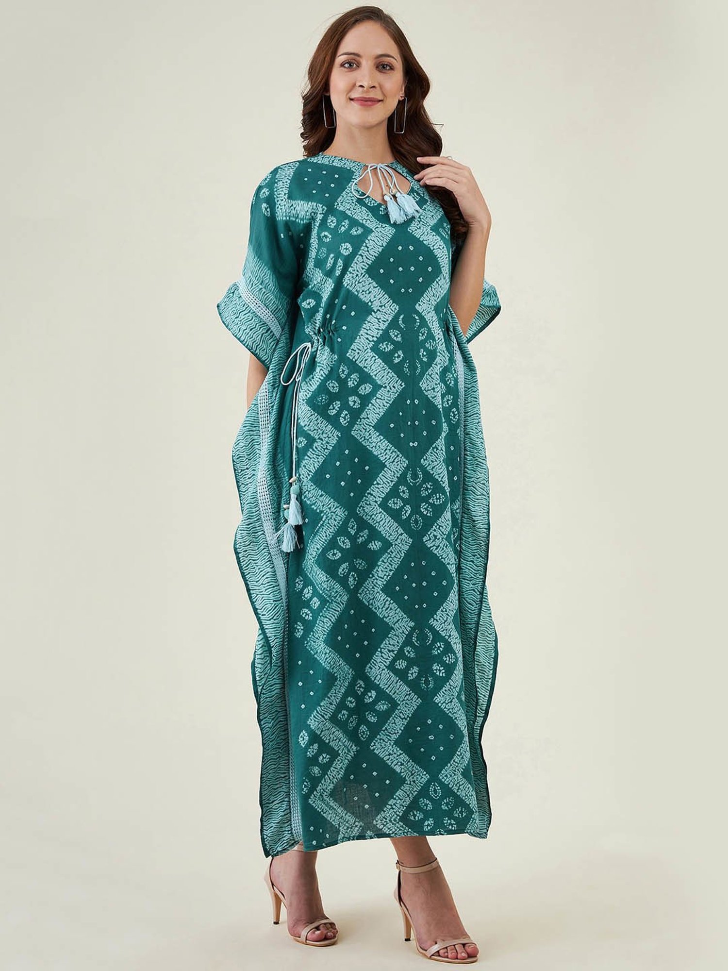 The Kaftan Company Green Printed Kaftan Dress