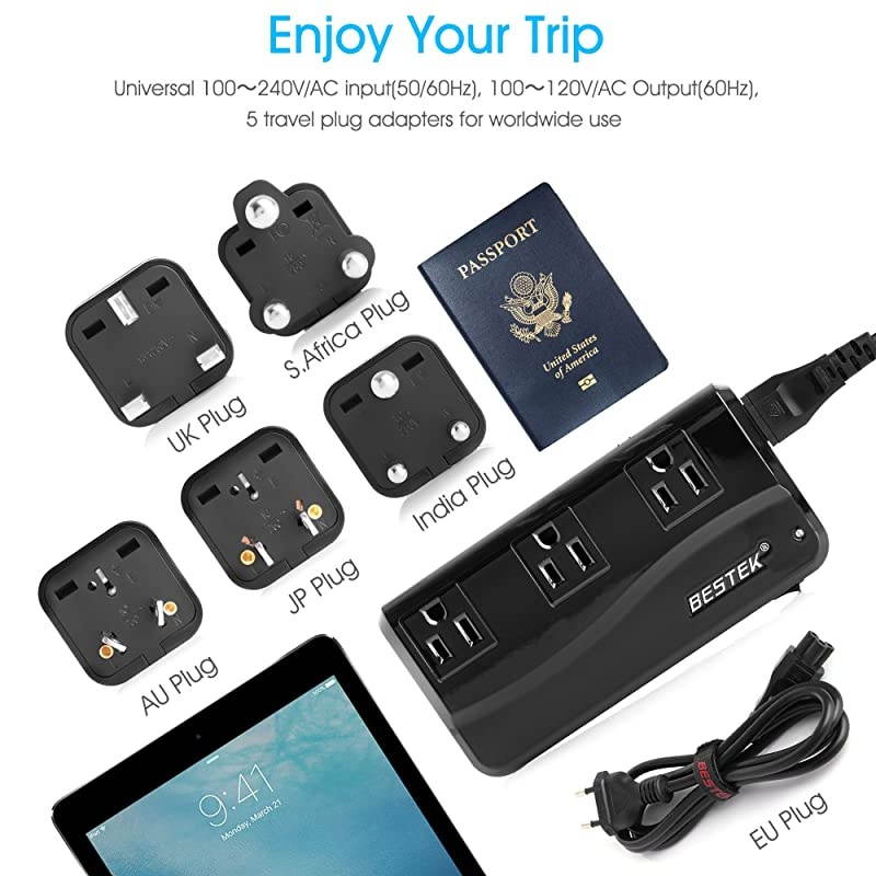 200W Power Converter 3Outlet and 4Port USB Travel Voltage Transformer 220V to 110V with Type GDMAUUS Travel Plug Adapters