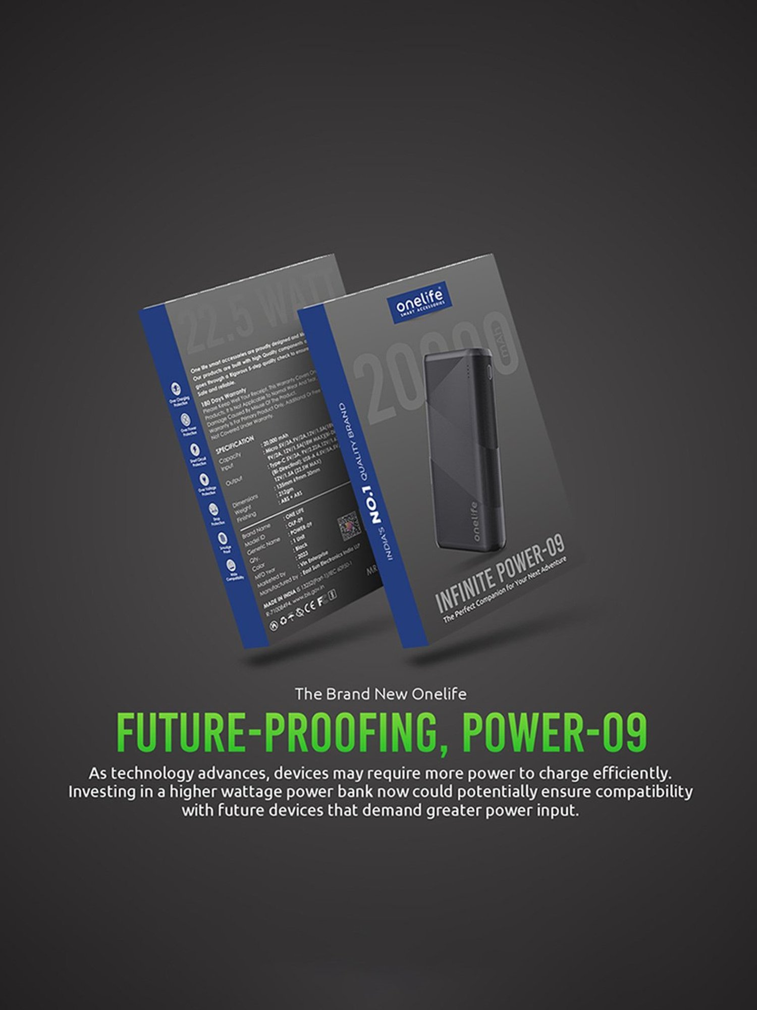 Onelife Power 09, 20000 mAh 22.5 Watt Quick Charge Power Bank (Black)