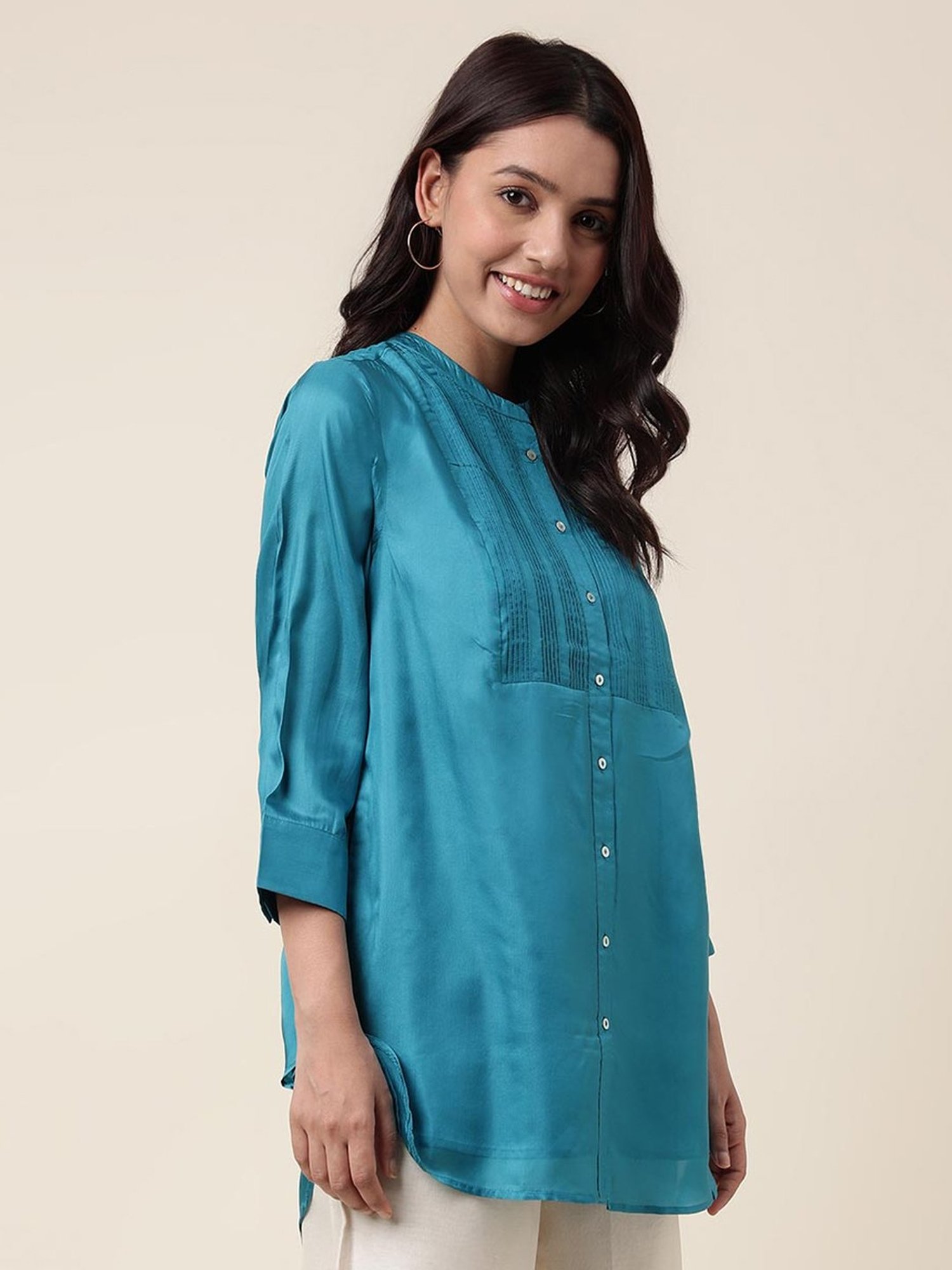 Fabindia Teal Blue Mandarin Collar Tunic