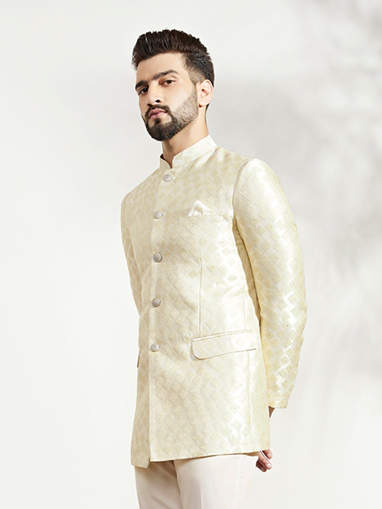 KISAH Off White Regular Fit Self Design Ethnic Blazer