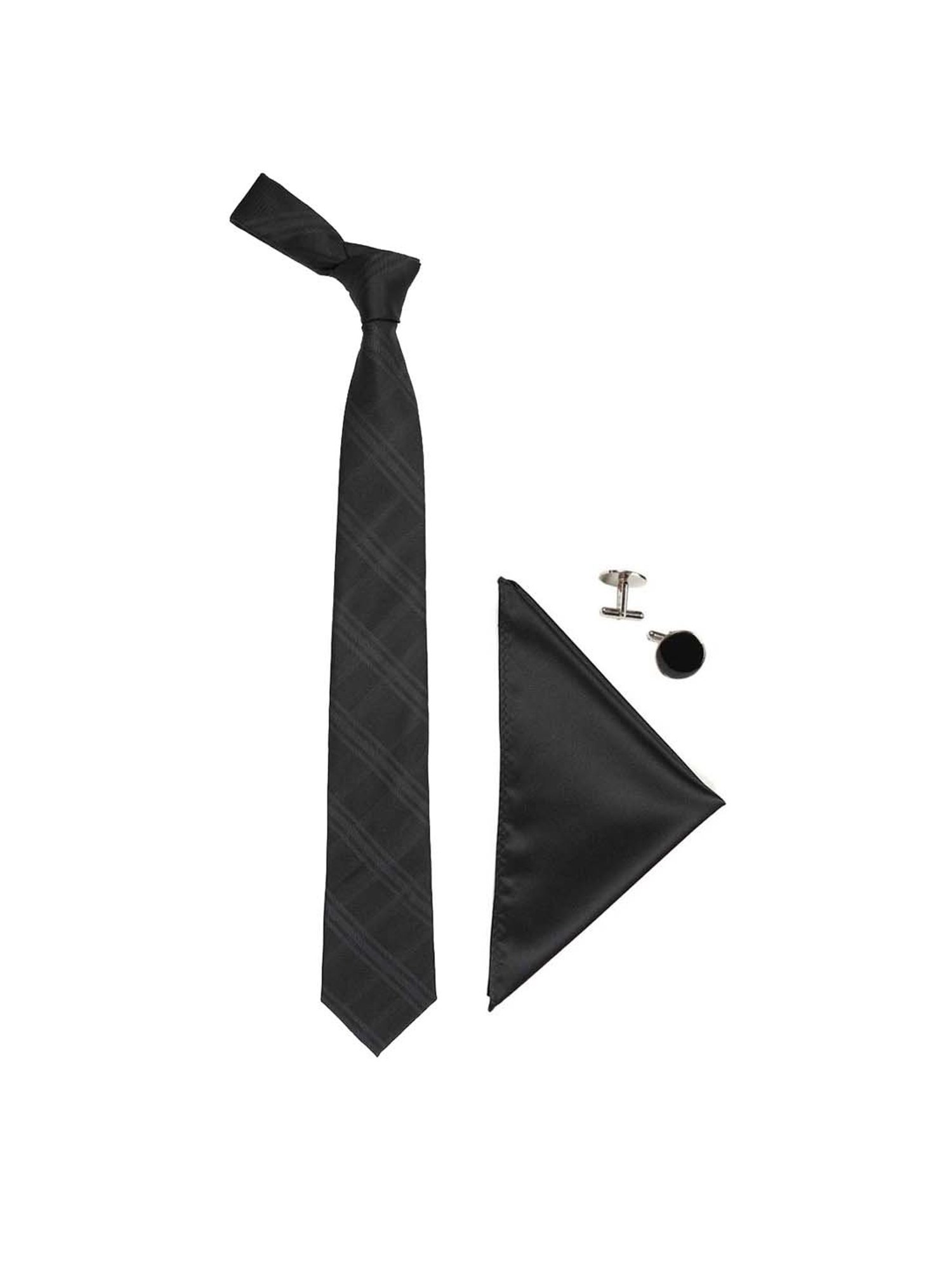 Tossido Black Woven Necktie With Pocket Square and Cufflinks