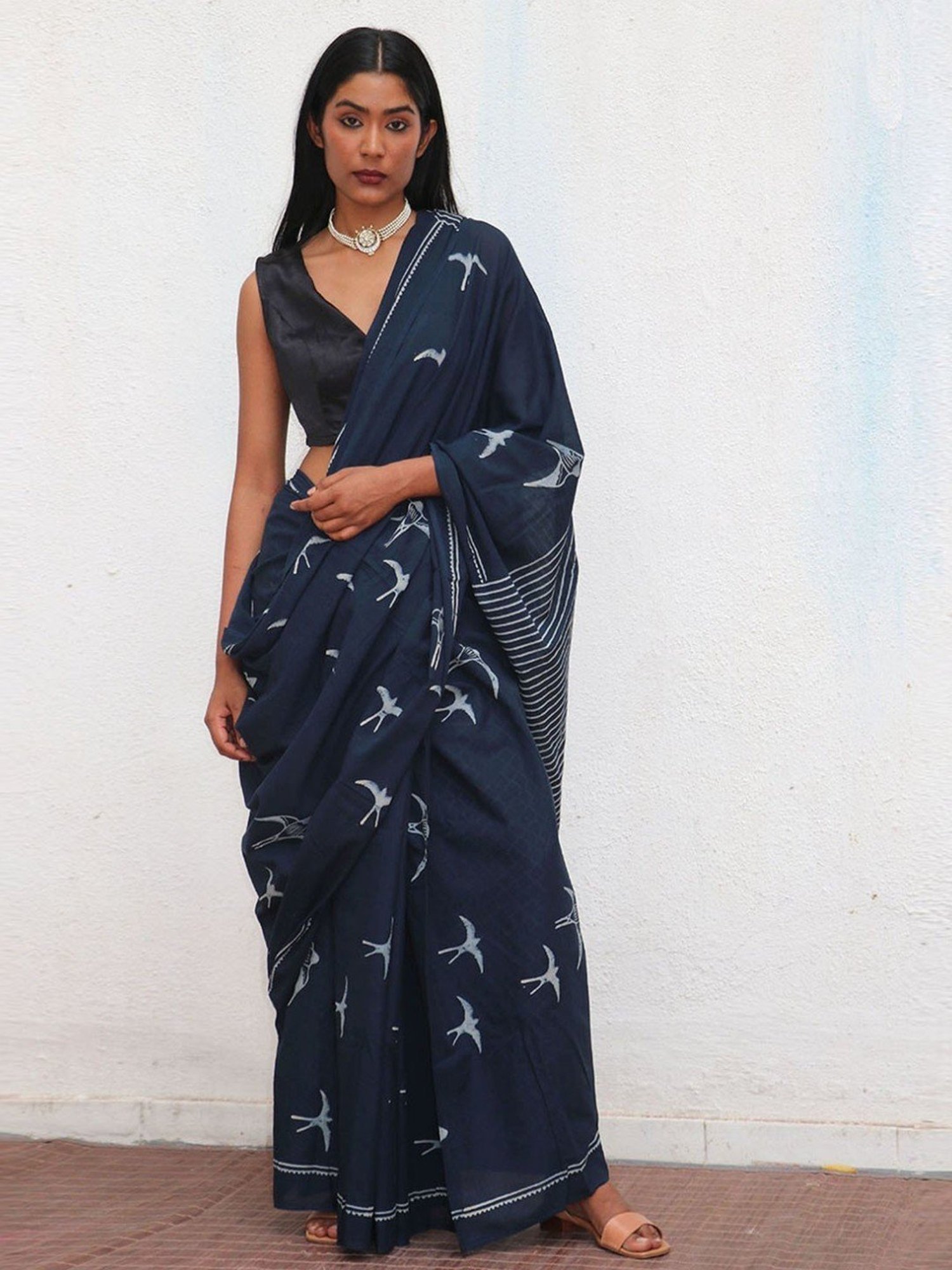 Chidiyaa Blue Fly Me to the Moon Indigo Bird Hand Blockprinted Cotton Saree