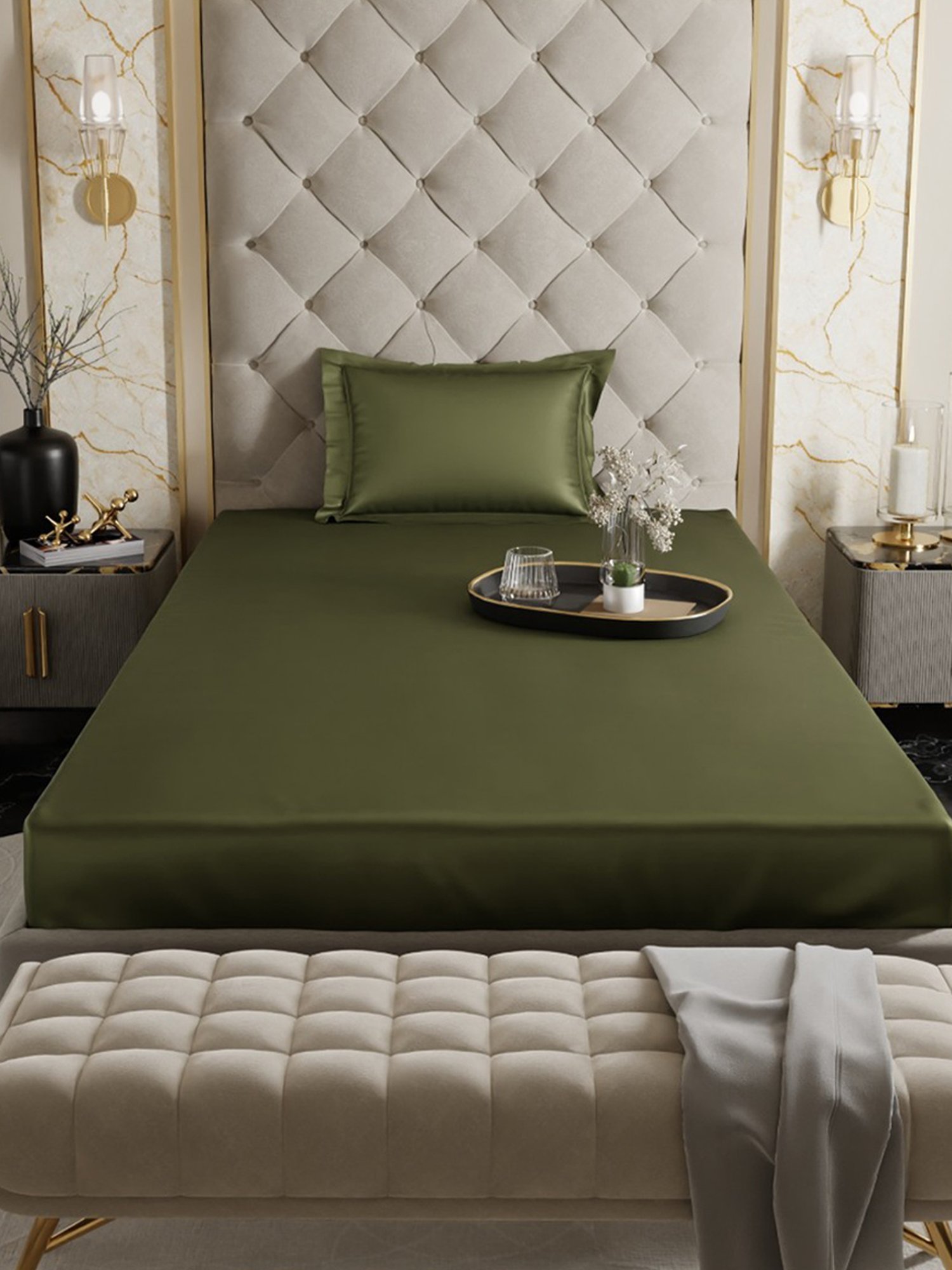 Stoa Paris Olive Green 300 TC Polyester Single Fitted Sheet with 1 Pillow Cover