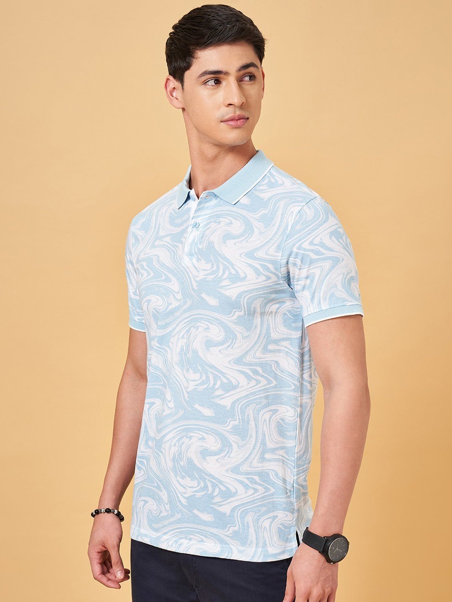 Byford By Pantaloons Light Blue Slim Fit Printed Polo T-Shirt
