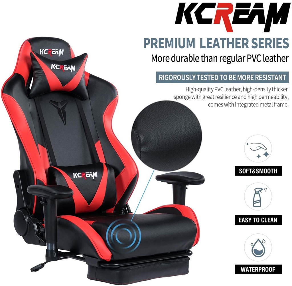 KCREAM PU Leather Swivel Chair Gaming Chair with Footrest Ergonomic Office Chair Headrest Lumbar Support Comfortable Large Size High Back Adjustable Reclining Computer Desk Chair