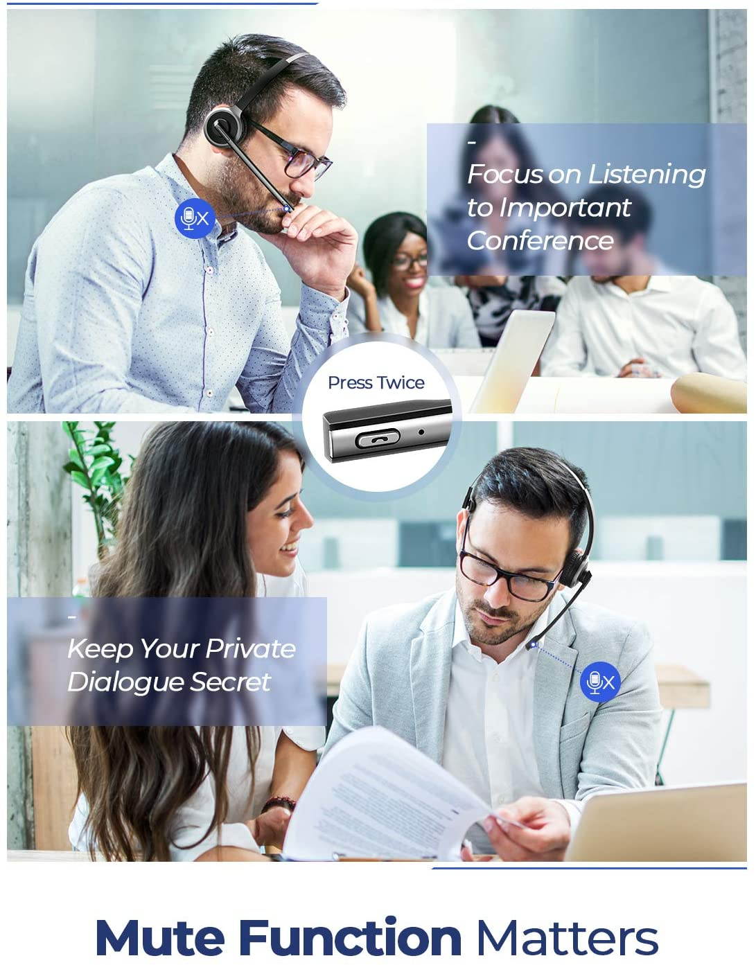 Bluetooth Headset with Microphone, Wireless Headphones for Cell Phone, Noise Canceling Headset with Charging Base for PC, Laptop, Truck Driver, Office, Call Center, Skype