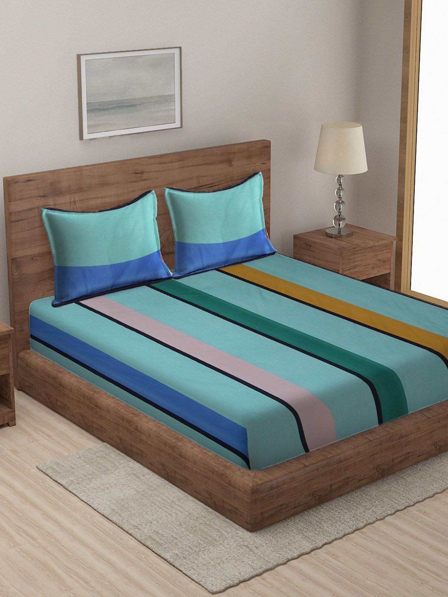 Klotthe Stripes Multicolor 210 TC Cotton Blend King Size Bed Sheet with 2 Pillow Covers