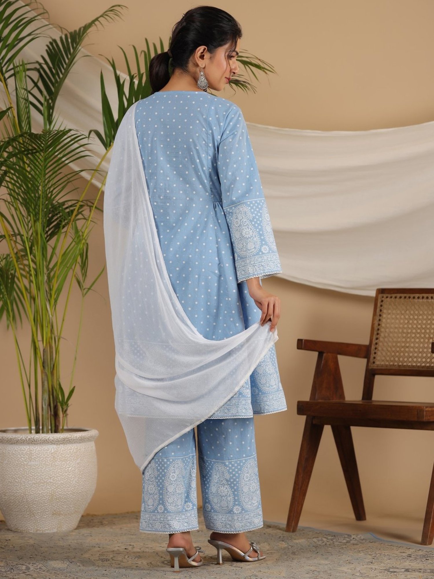 Juniper Cotton Powder Blue Ethnic Motif Print Kurta Palazzo With Dupatta Set With Thread Embroidery