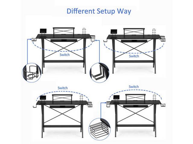Gaming Desk Table 47" , E-Sports Computer Desk, Gaming Workstation Desk, PC Stand Shelf Keyboard stand Power Strip with USB Cup Holder & Headphone Hook Home Office Desk Gamer Desk , Black,GT02
