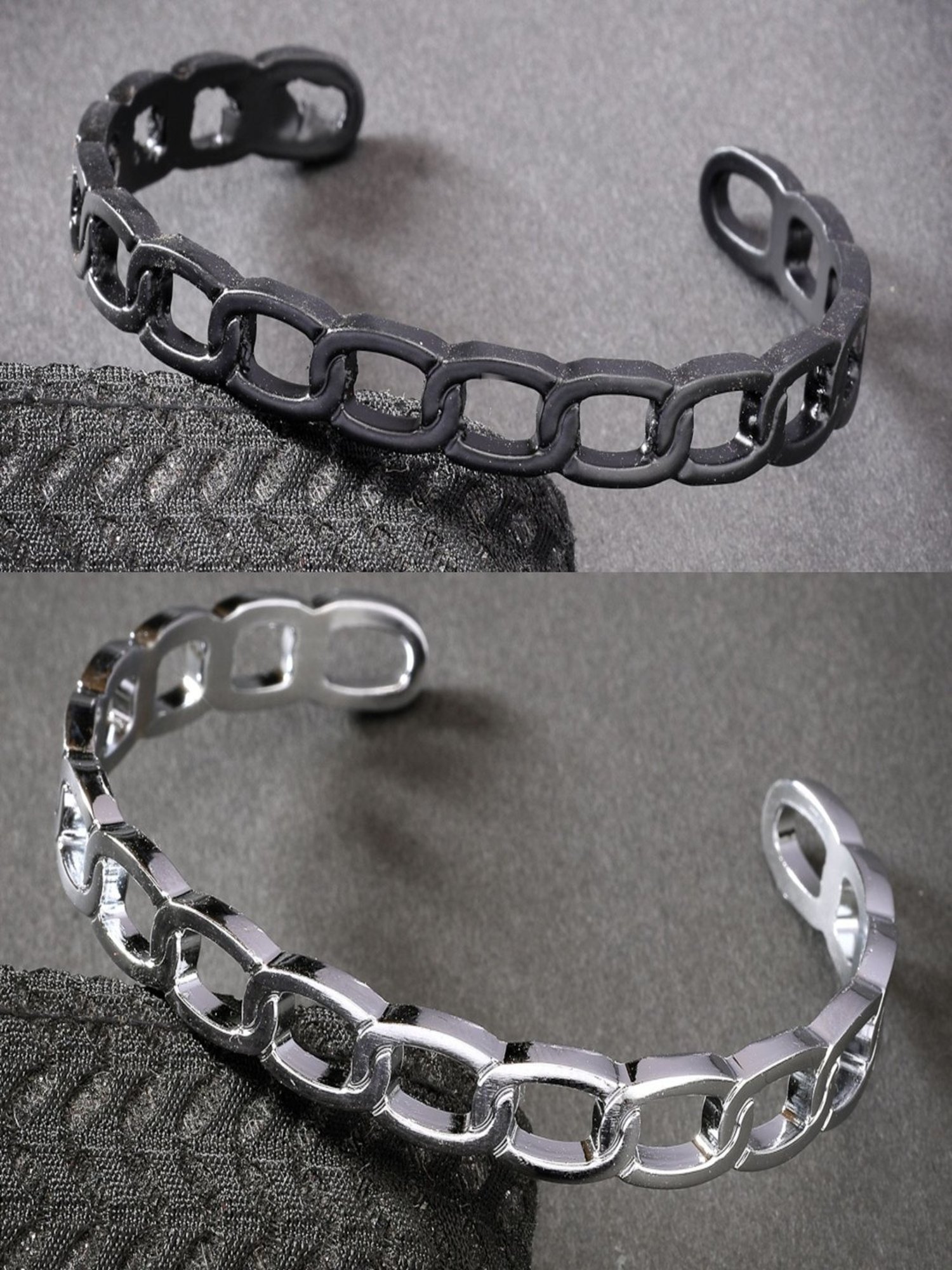 NVR Men Set of 2 Silver & Black Rhodium-Plated Metal Cuff Bracelet