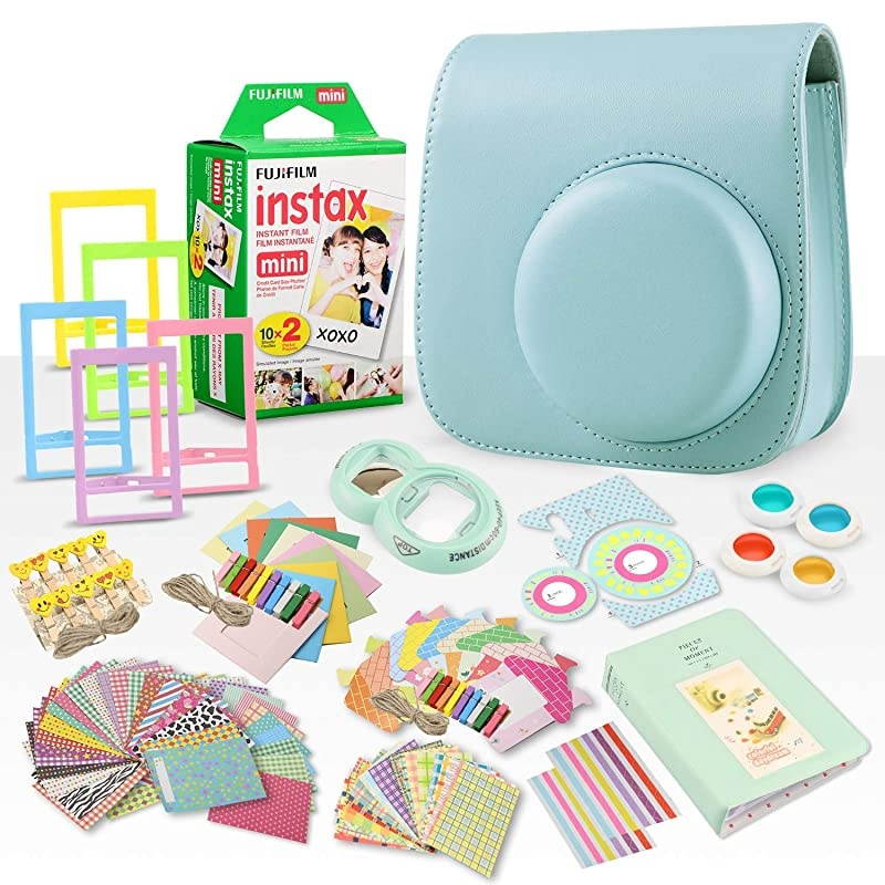 INSTAX Mini Instant Film (X1) (20 Exposures) + INSTAX Ice Blue 168 Piece Accessory Bundle W/Camera Case, Selfie Lens, Photo Album, Decorative Stickers, Frames & More