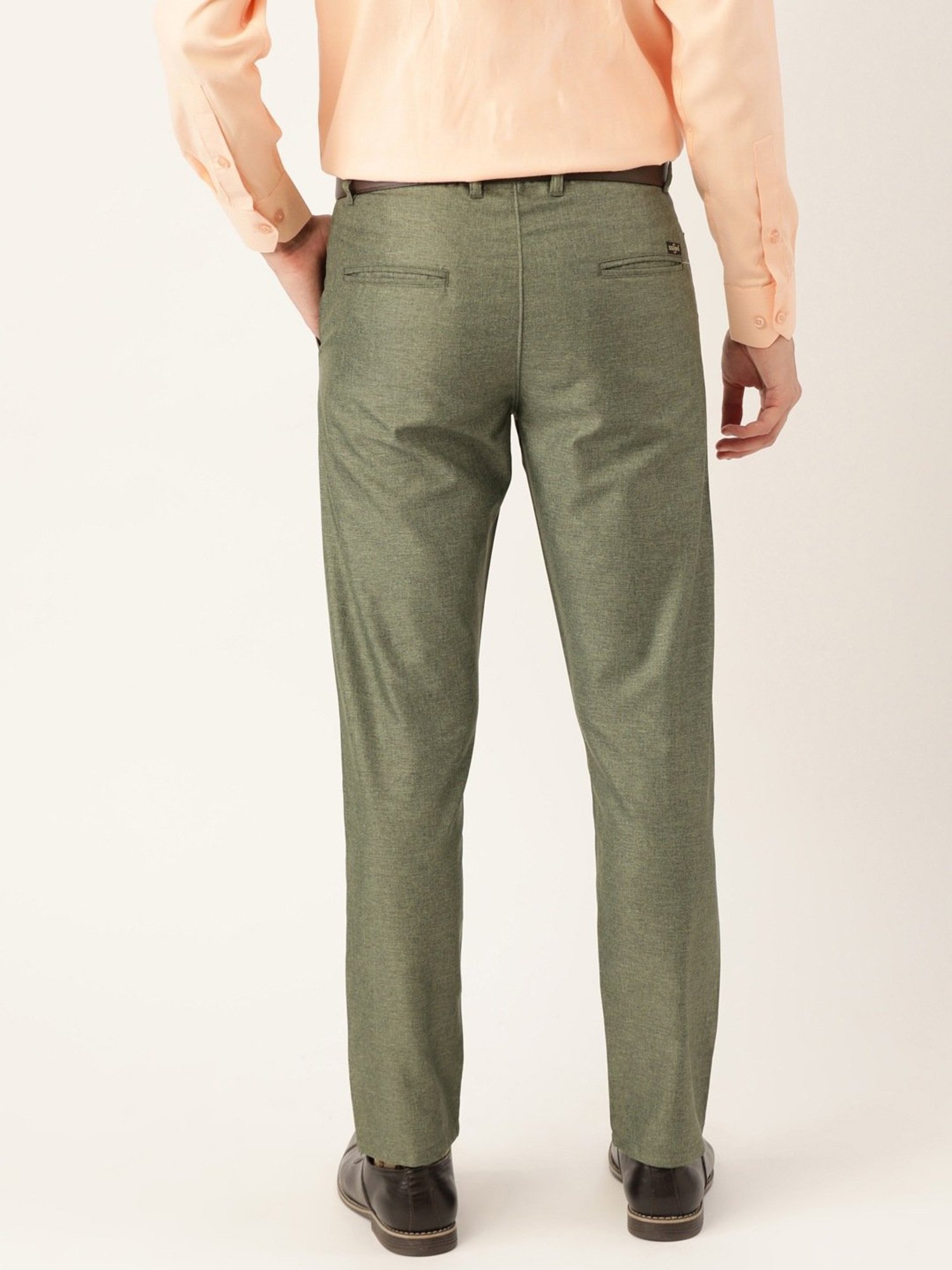Sojanya Green Cotton Regular Slim Fit Self Pattern Flat Front Trousers
