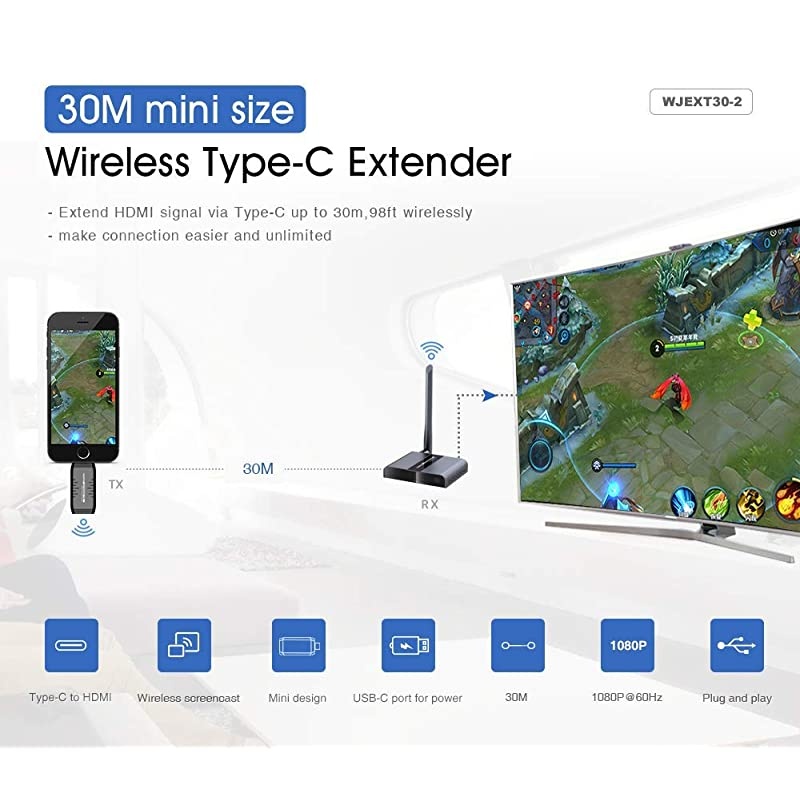 Wireless USB Type-C to HDMI Extender Kit, Transmitter & Receiver for HD 1080p, Up to 100ft/30M, Streaming Video from YouTube TV, Netflix, Hulu TV to TV (WJEXT30-2)