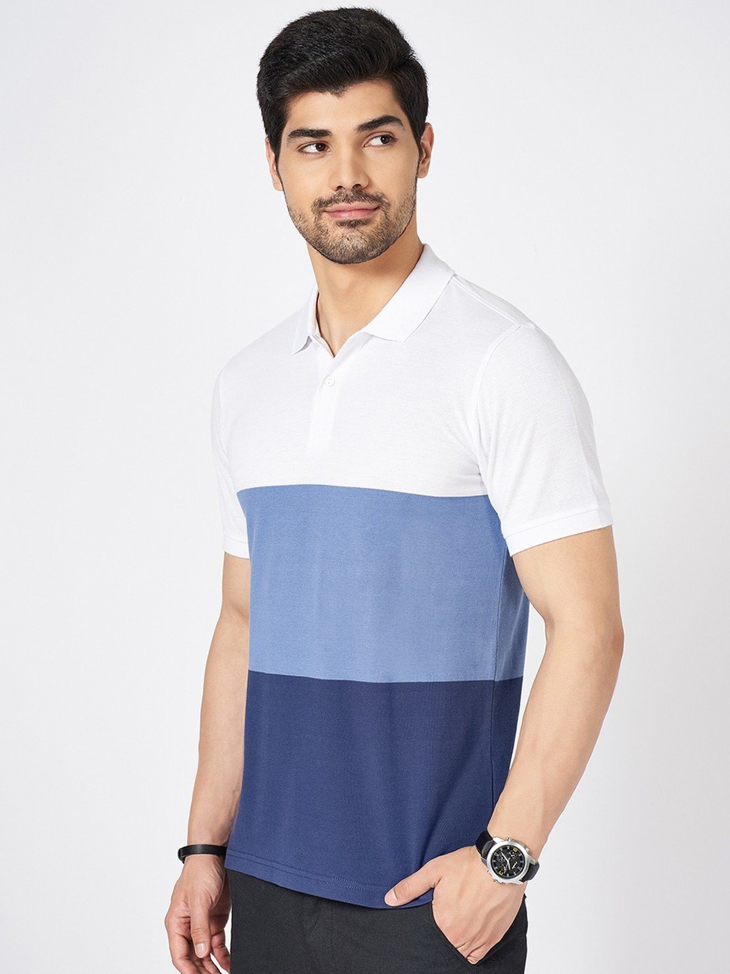 Byford By Pantaloons Blue Slim Fit Colour Block Polo T-Shirt